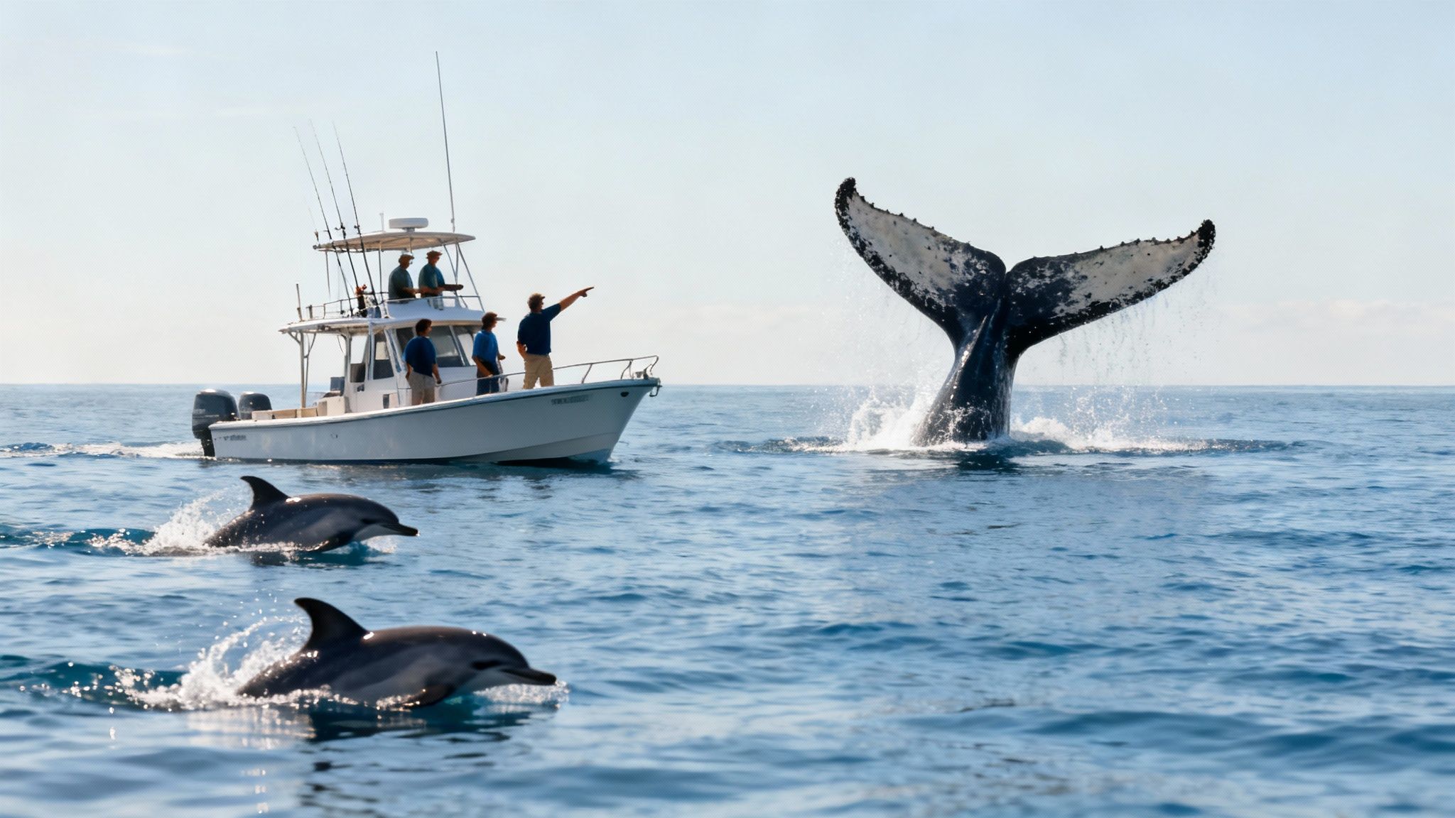 A humpback whale breaching out of the water near a whale watching tour boat in Kona.