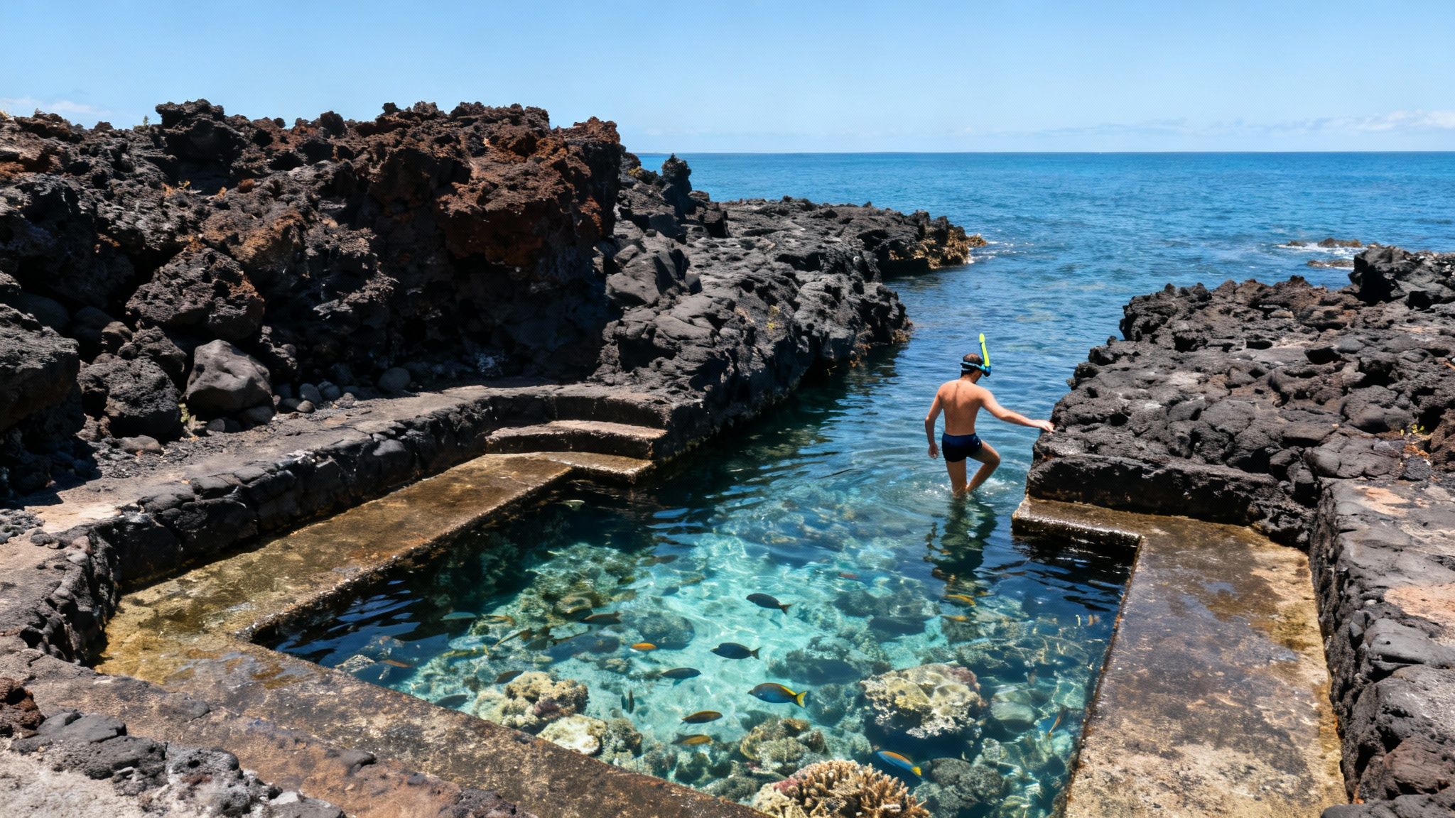 Man with snorkel gear entering a clear natural pool teeming with colorful fish.