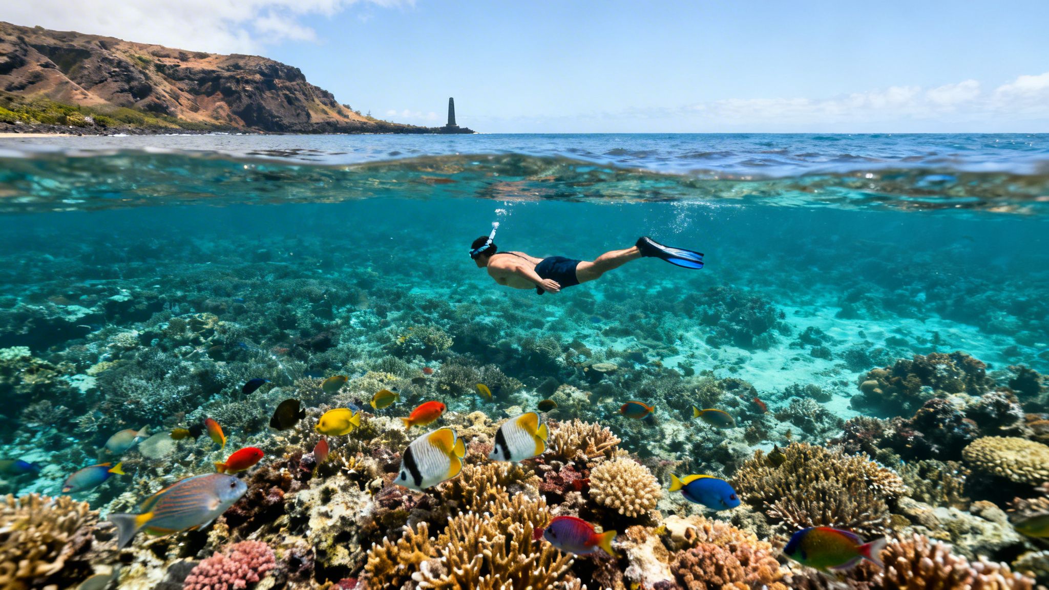 A person snorkeling over a vibrant coral reef filled with colorful fish, with a coastal landscape above water.