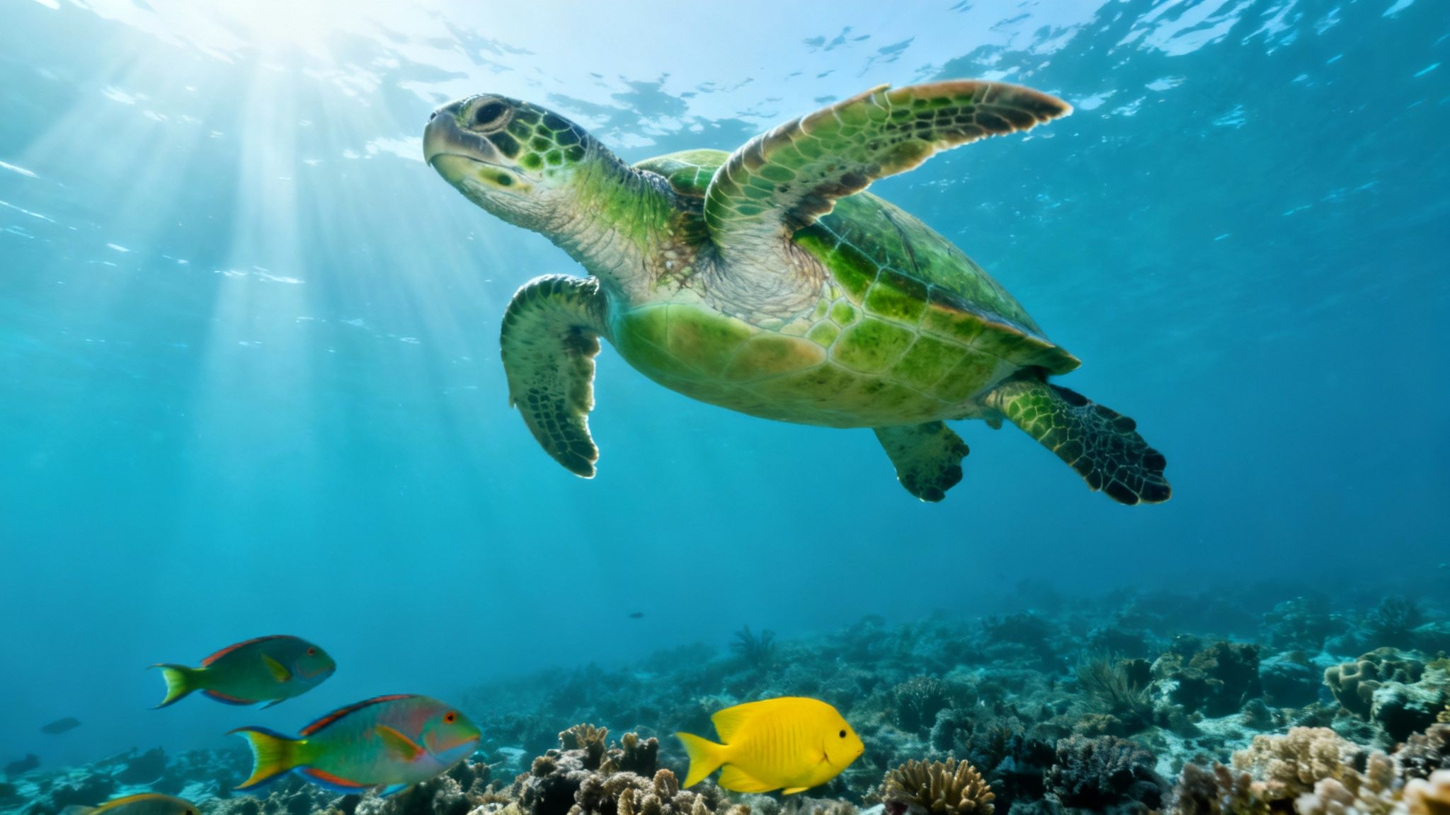 A Hawaiian green sea turtle swimming gracefully over a colorful coral reef.