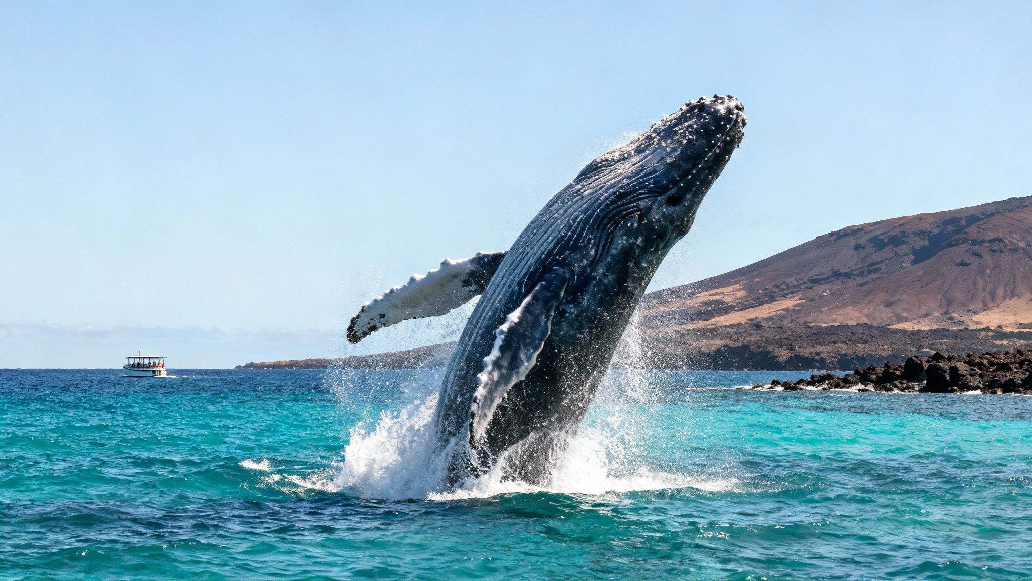 A massive humpback whale breaching out of the calm blue waters of the Big Island, with the coastline in the background.