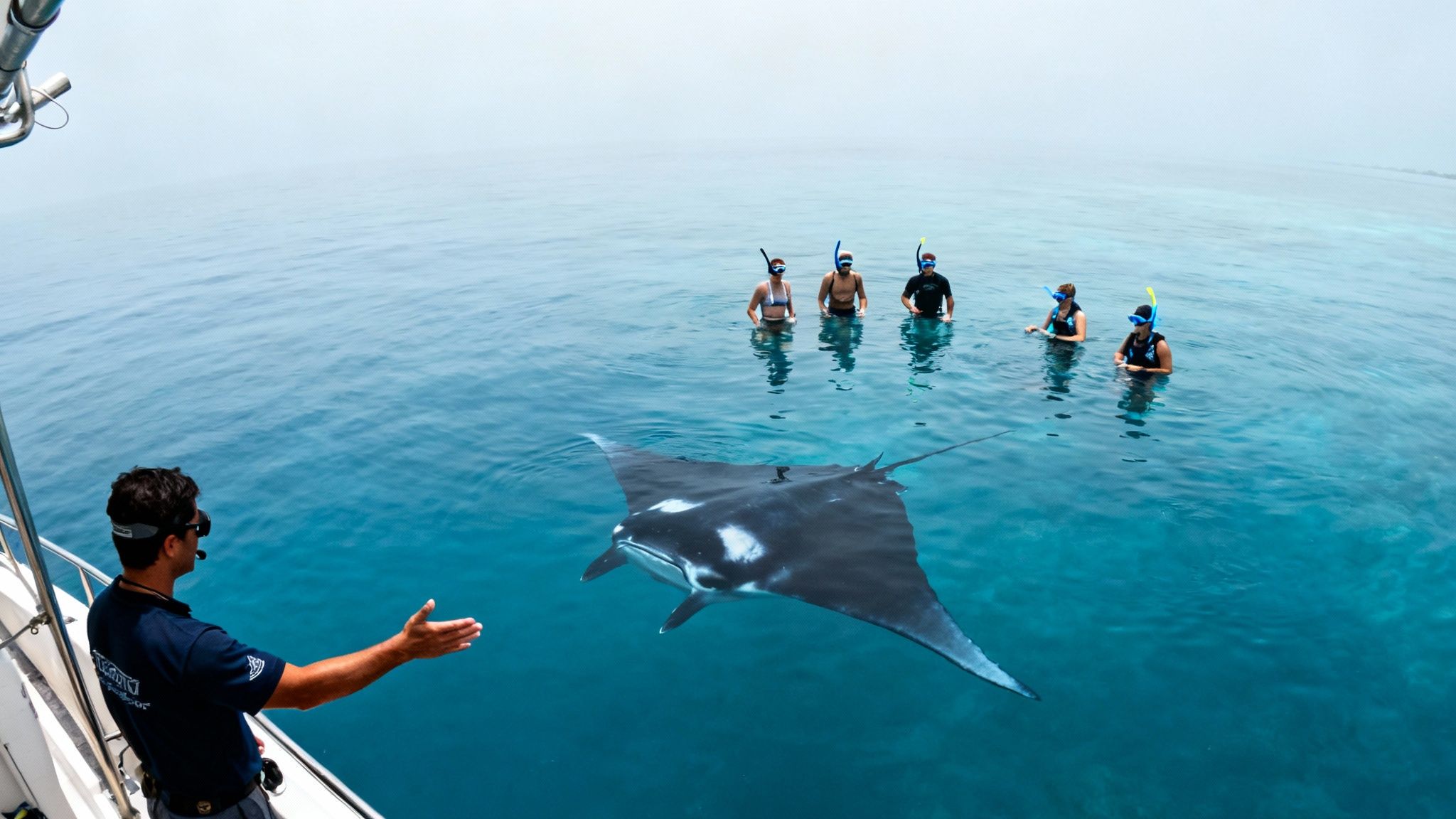 Group of snorkelers observing large manta ray swimming in clear blue tropical waters