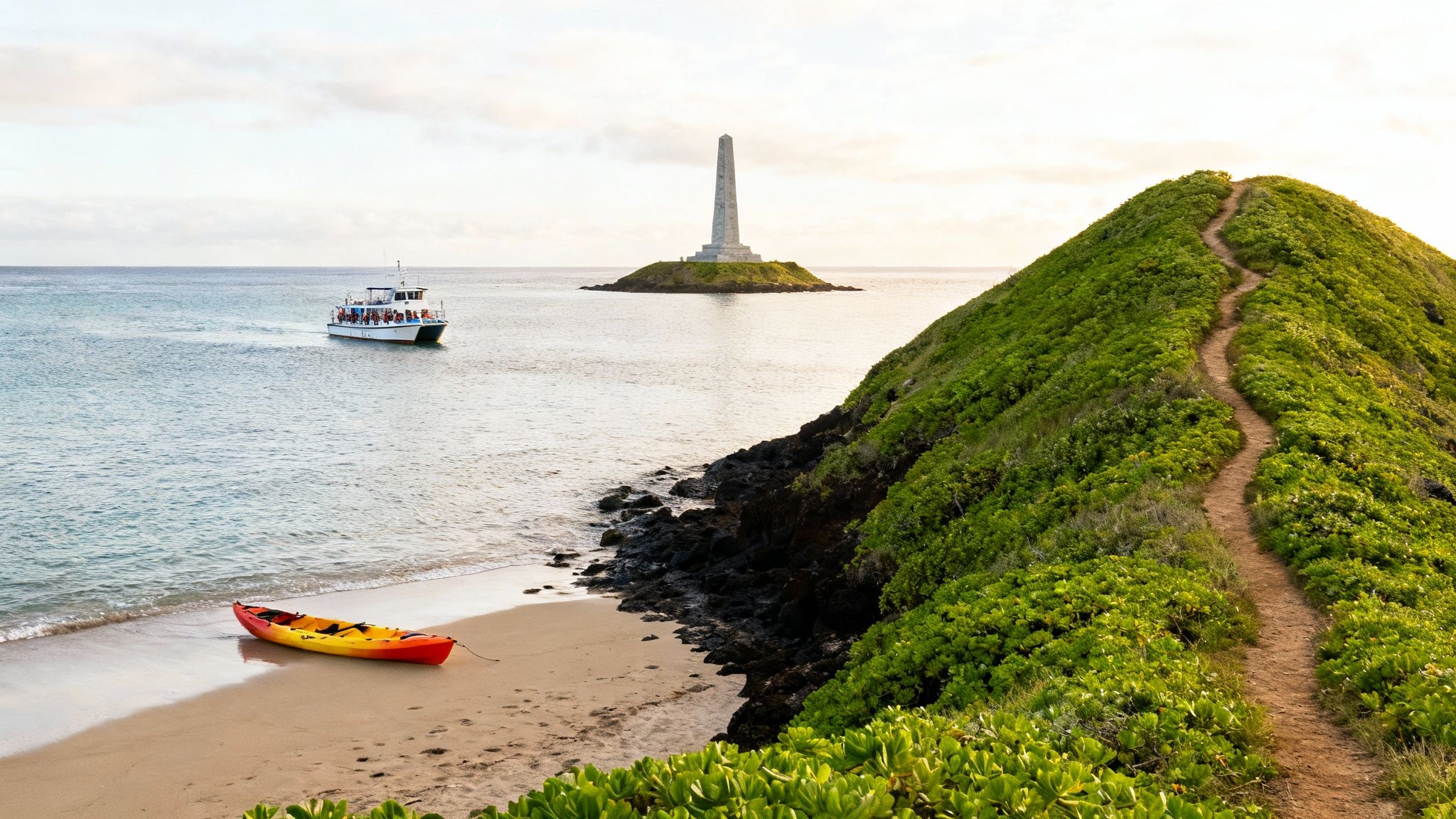 A scenic coastal view with a boat, kayak, monument on an island, and a winding path up a green hill.