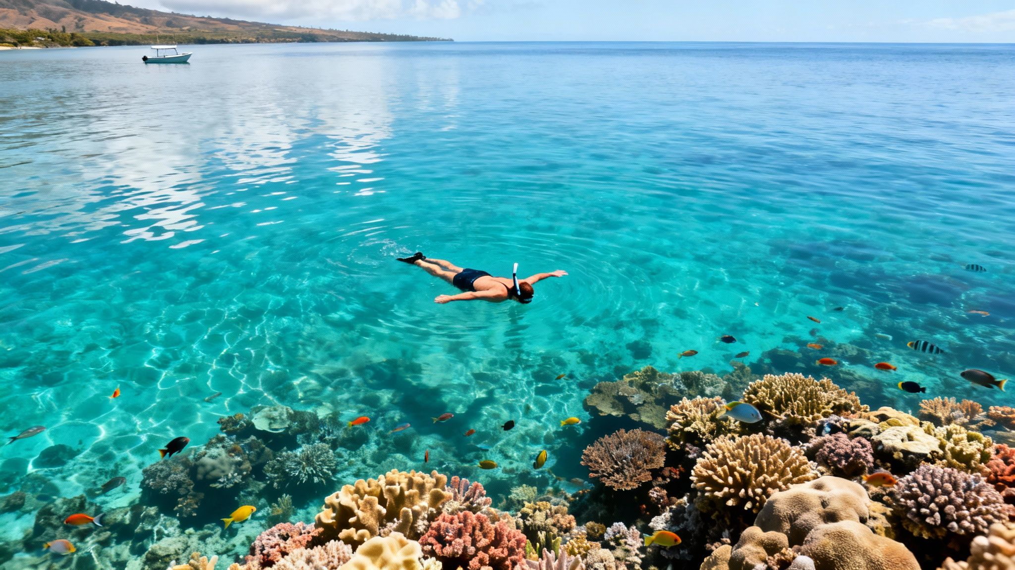 A person snorkeling over a vibrant coral reef teeming with colorful tropical fish.