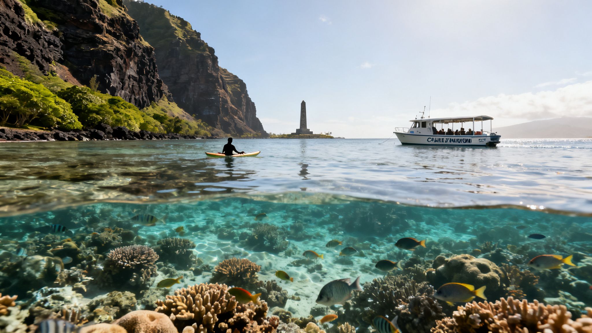 Split view of a vibrant coral reef below water and a kayaker with a boat above, near a tropical island.