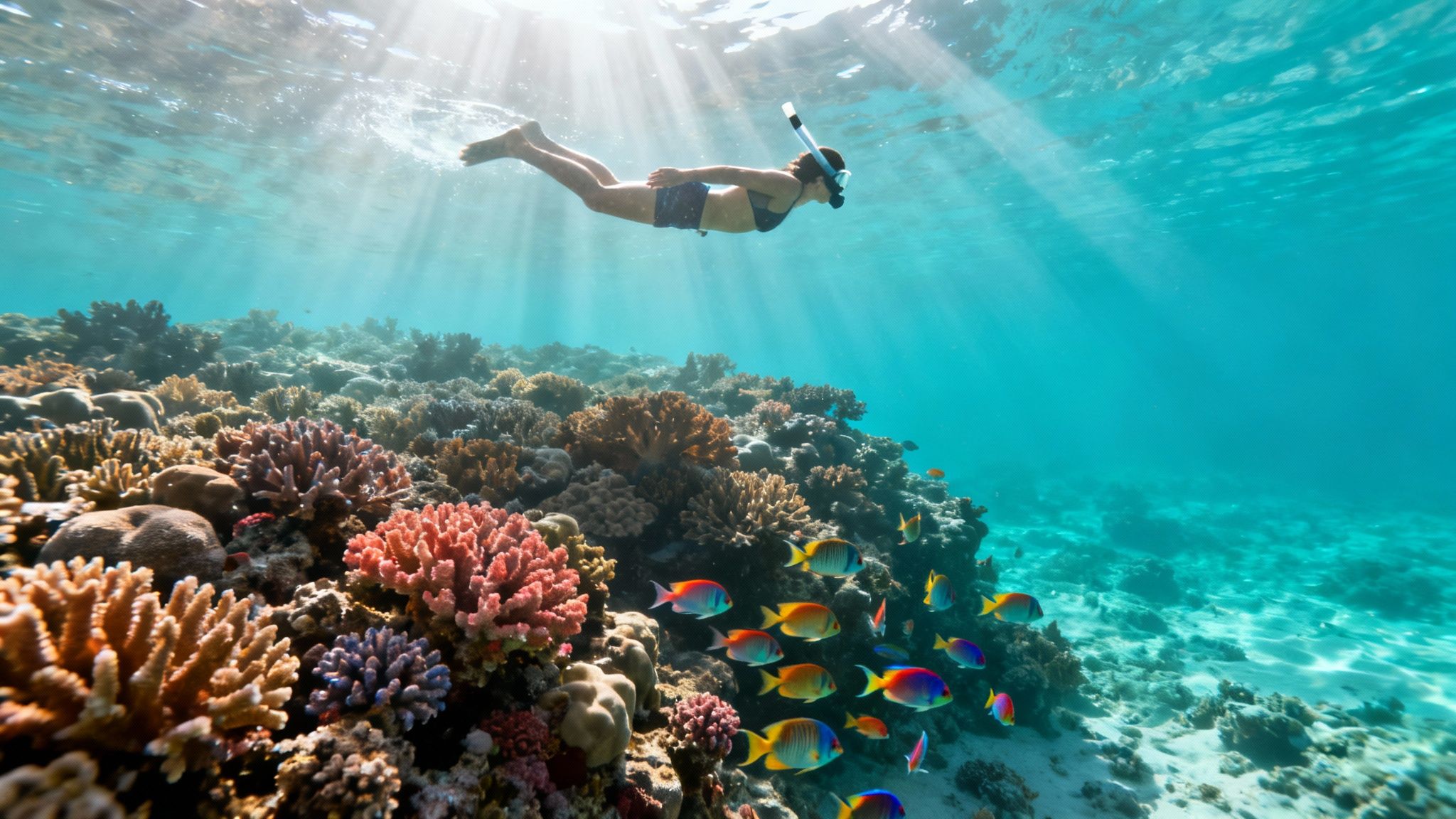 A person snorkeling above a vibrant coral reef teeming with colorful fish and sunbeams underwater.