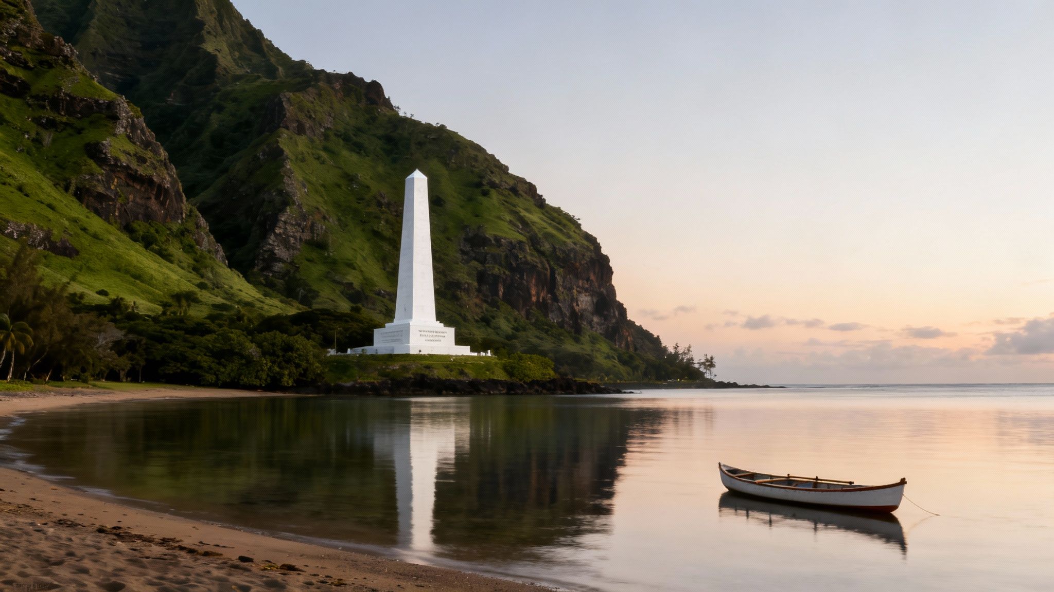 The iconic white obelisk of the Captain Cook Monument standing on the shore of Kealakekua Bay.