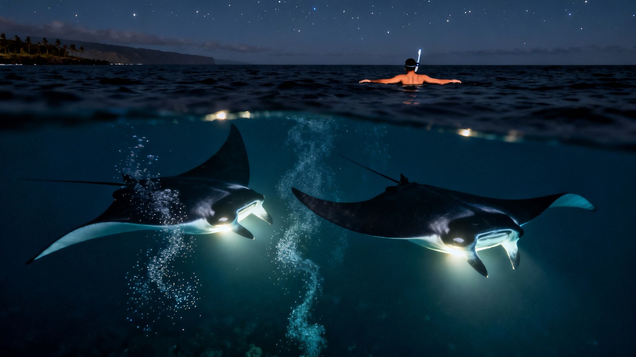 A snorkeler watches two illuminated manta rays at night under a starry sky.