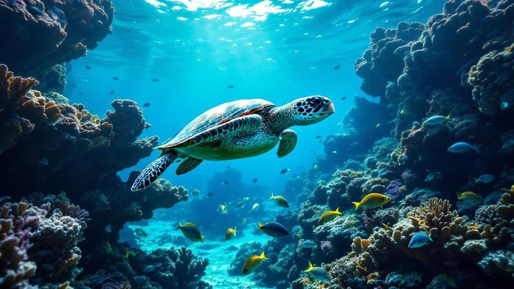 Scenic view of Kealakekua Bay with a boat and snorkelers