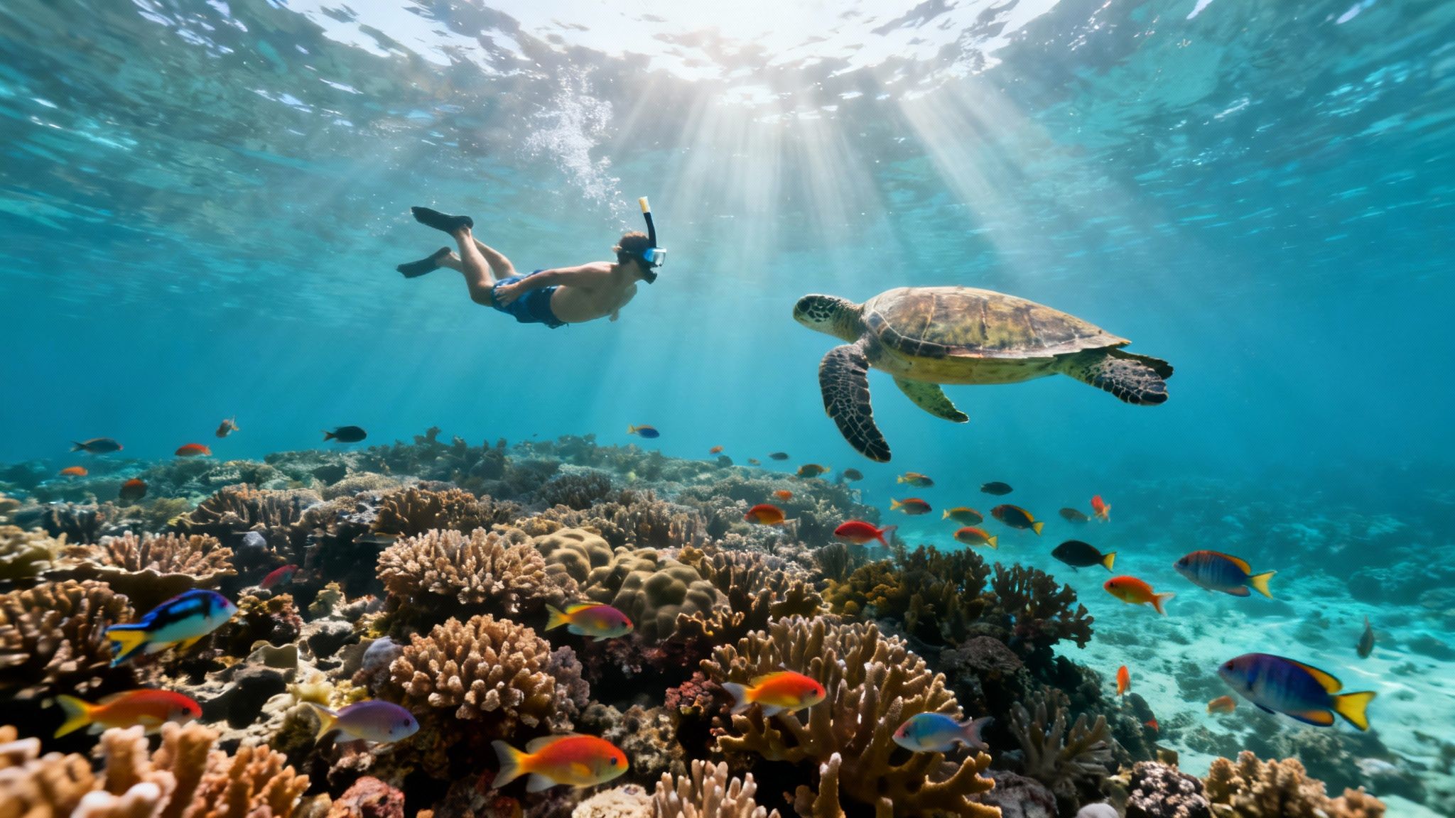A vibrant underwater scene in Kealakekua Bay with colorful coral and schools of tropical fish.