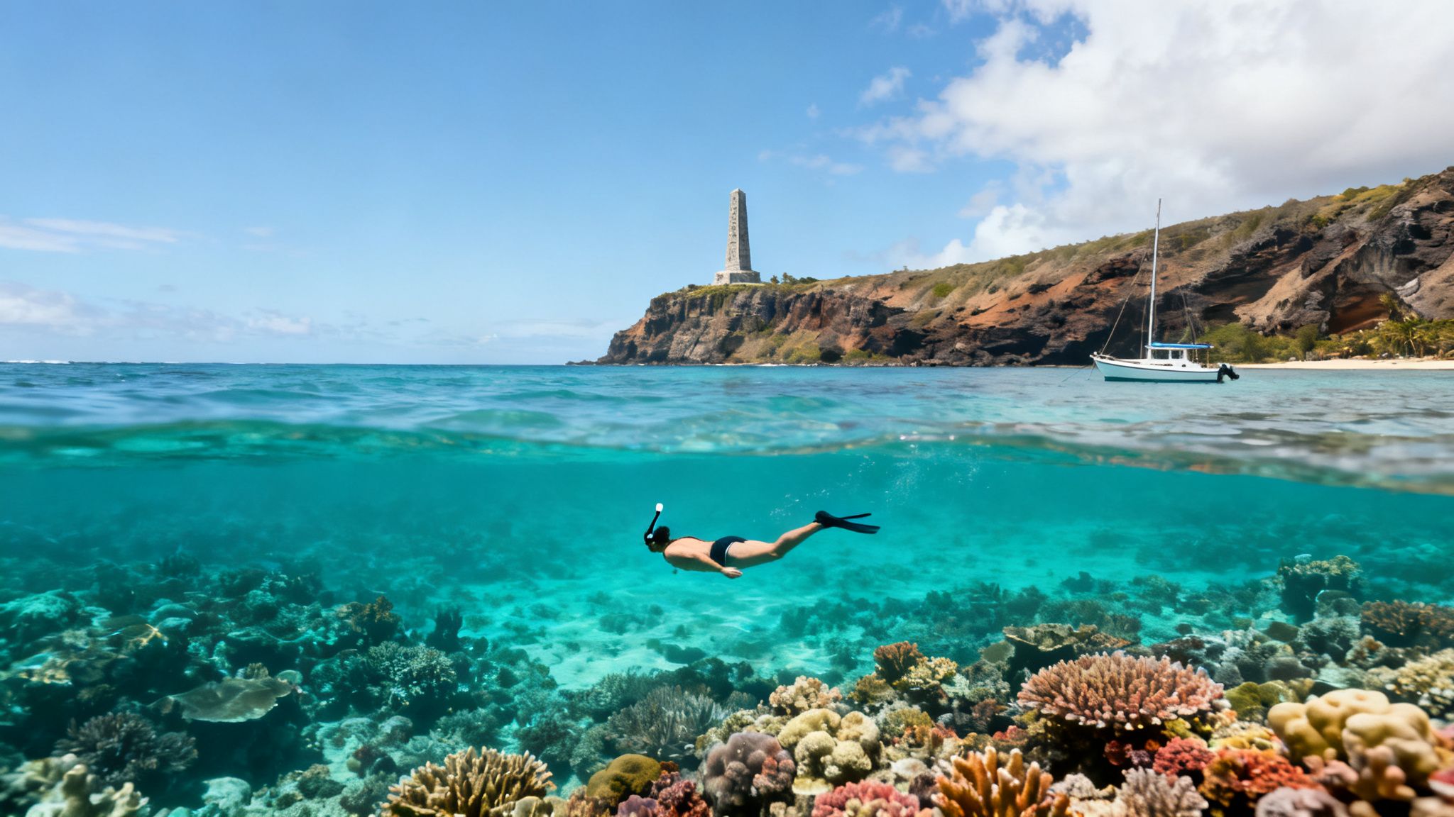 An over/under photo showing a snorkeler over a coral reef, with a lighthouse and sailboat above water.