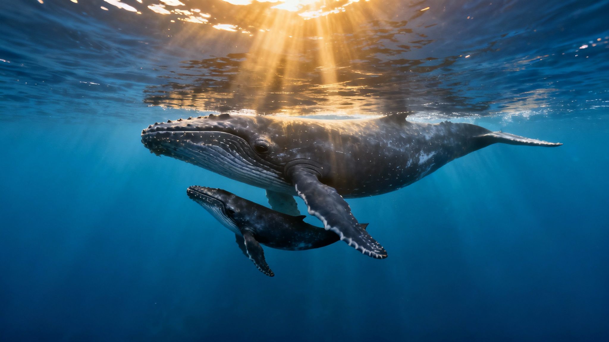 A majestic mother humpback whale swims with her calf underwater, bathed in sunrays from above.