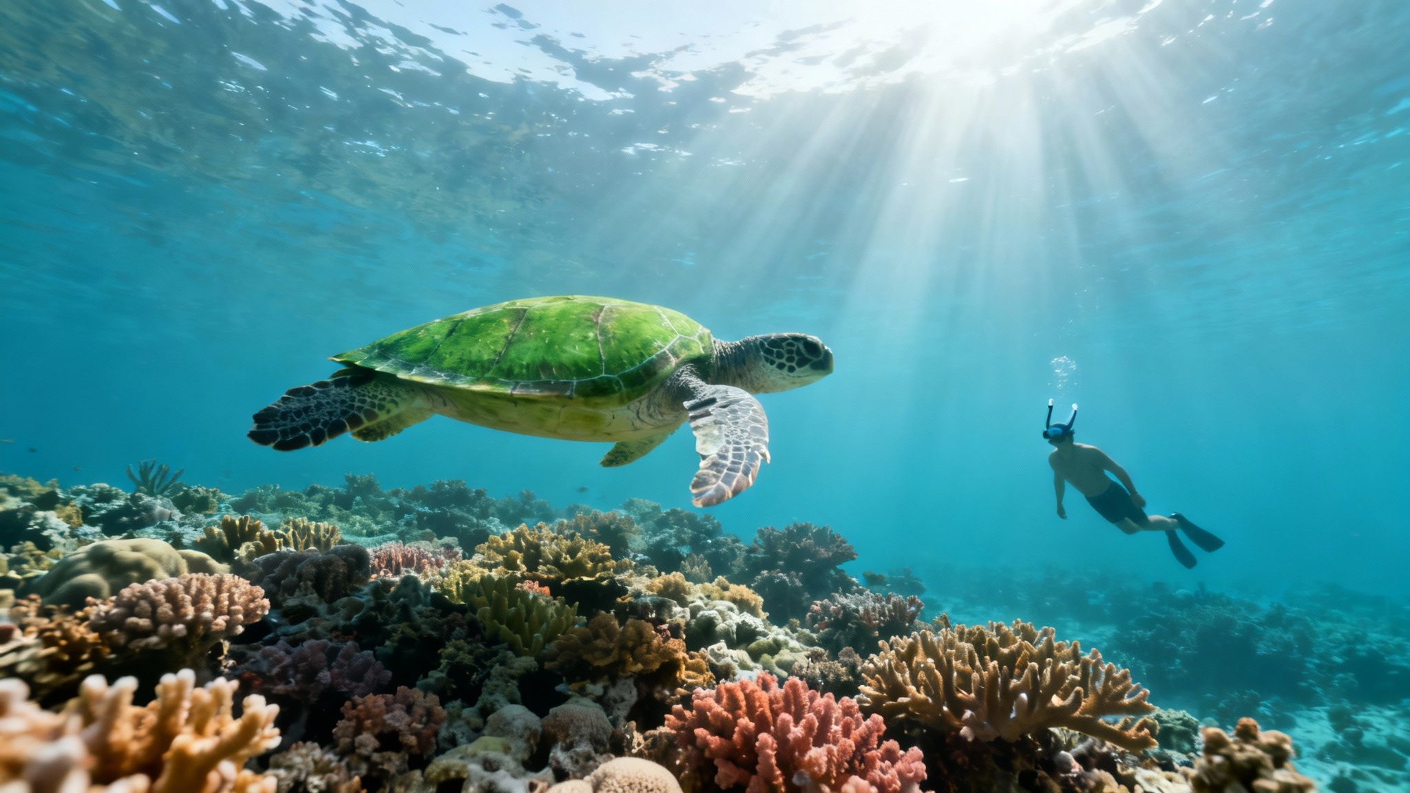 A green sea turtle swims above a vibrant coral reef as a snorkeler observes it from above.