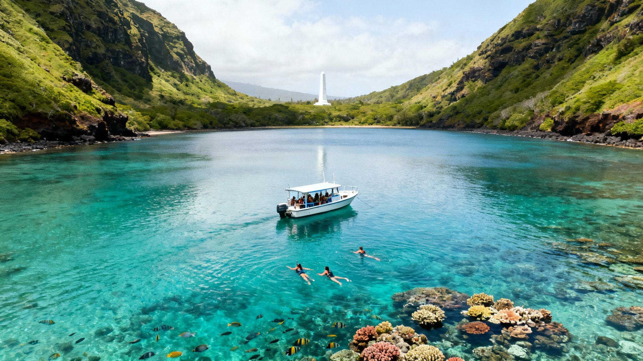 People snorkeling near a boat and vibrant coral reef in a clear Kealakekua Bay, surrounded by green mountains.