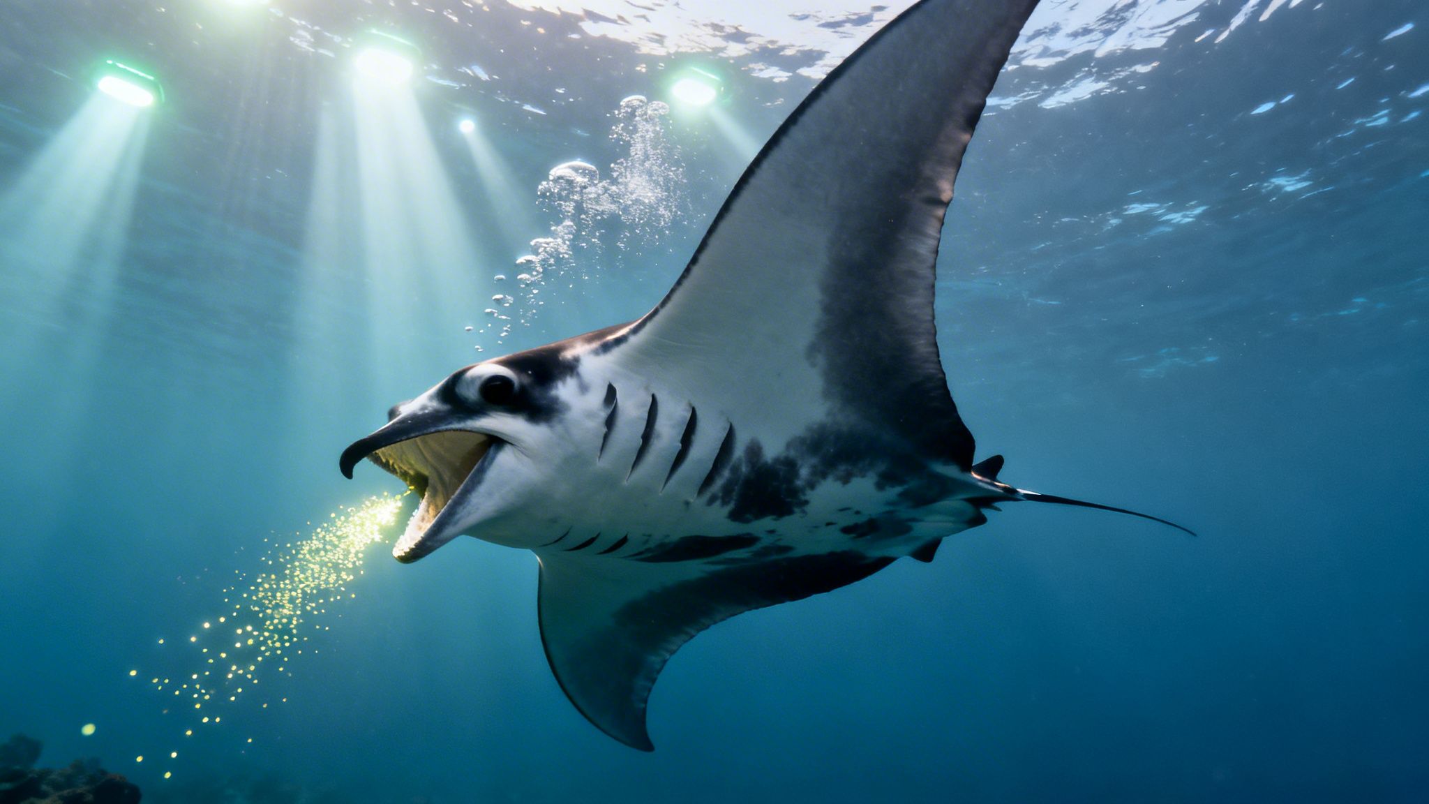 A majestic manta ray swims underwater, mouth open, emitting glowing golden particles.
