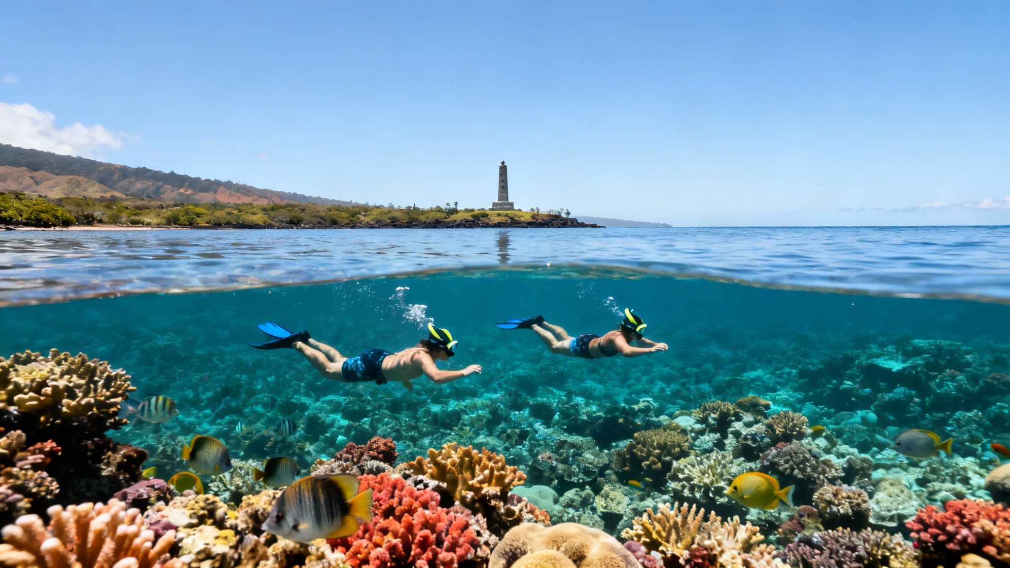 Over-under shot: two snorkelers explore a colorful coral reef, with a lighthouse and mountains above.