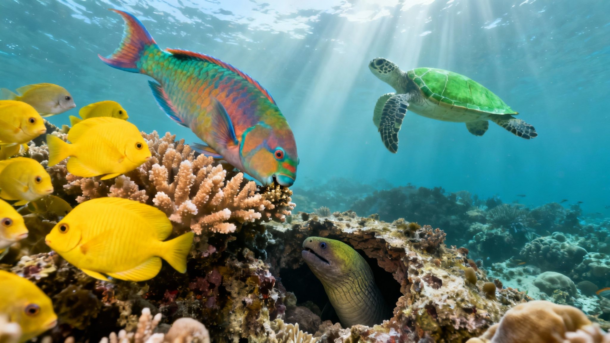 Vibrant underwater scene with a parrotfish, yellow tangs, sea turtle, and moray eel in a coral reef.
