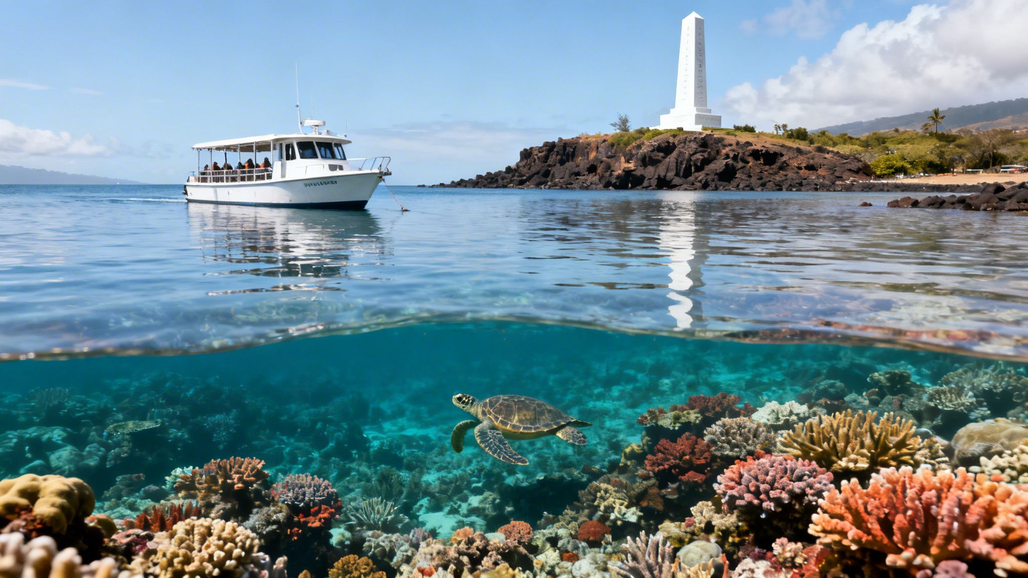 Stunning split-level view of a sea turtle swimming over a vibrant coral reef near a boat.