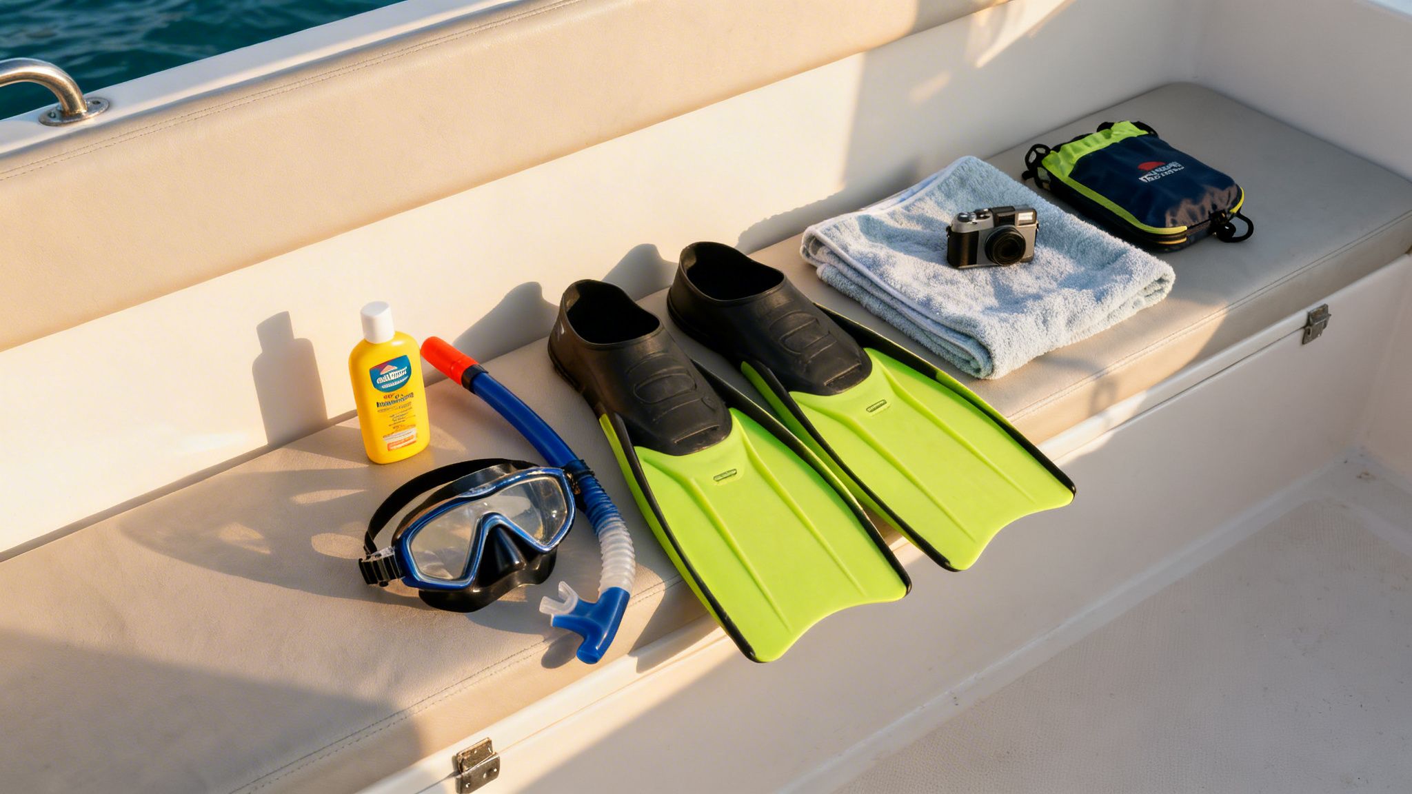 Essential snorkeling equipment like fins, mask, snorkel, sunscreen, and a camera on a boat.