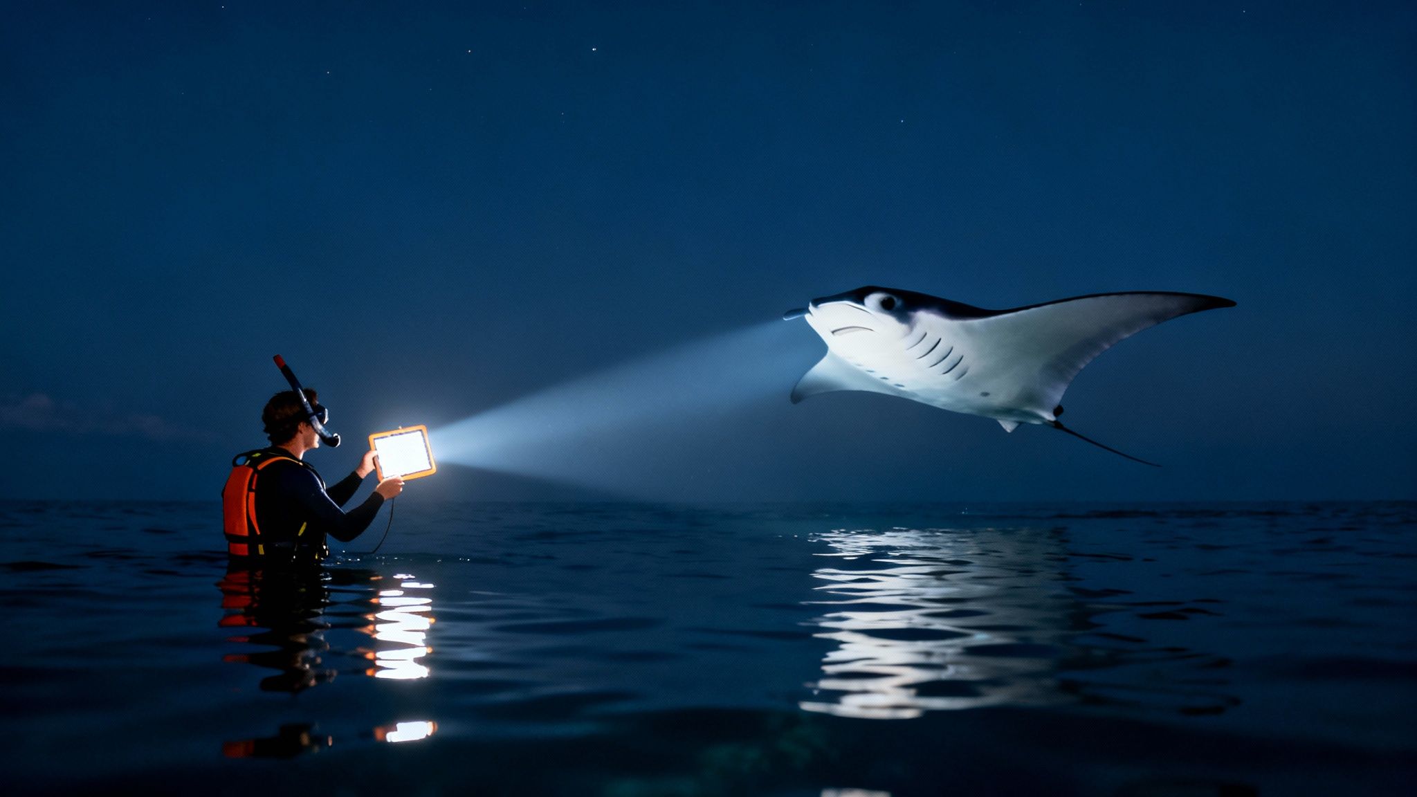 A snorkeler shines a bright light at a majestic manta ray swimming gracefully at night.