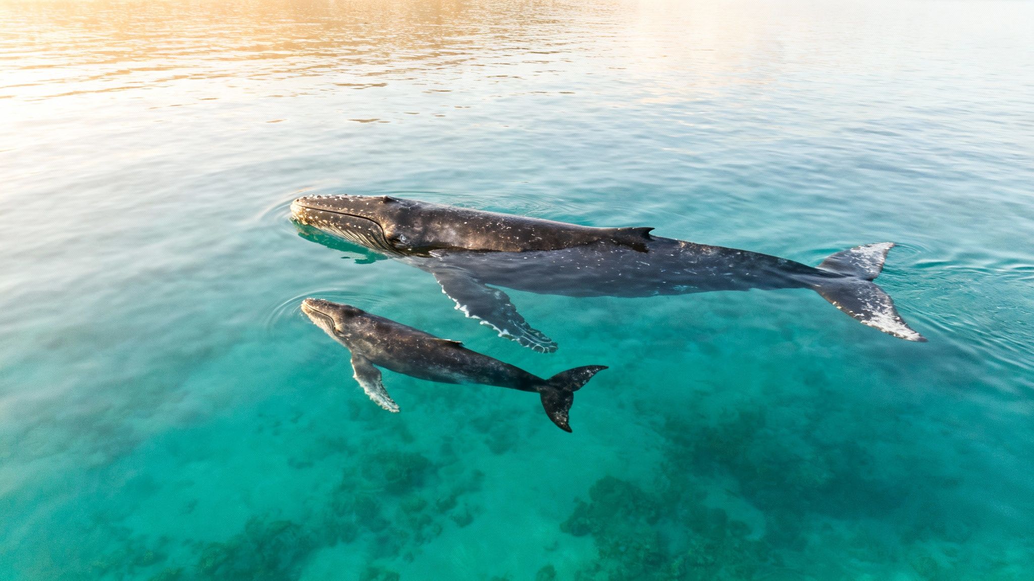 An aerial view of a large humpback whale and its calf swimming in bright turquoise ocean water.