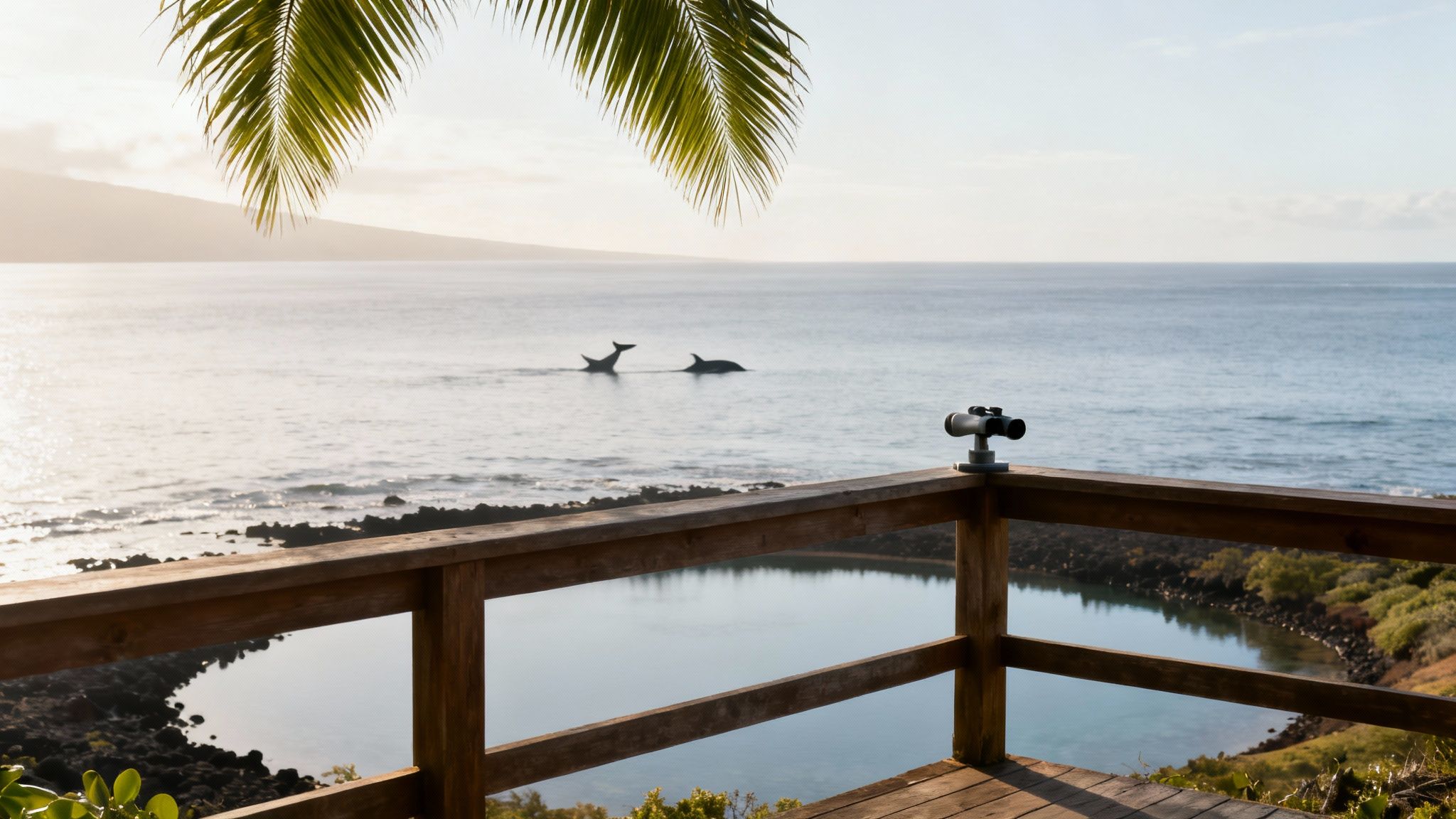 Binoculars on a wooden deck overlook two whales swimming in the calm ocean water.
