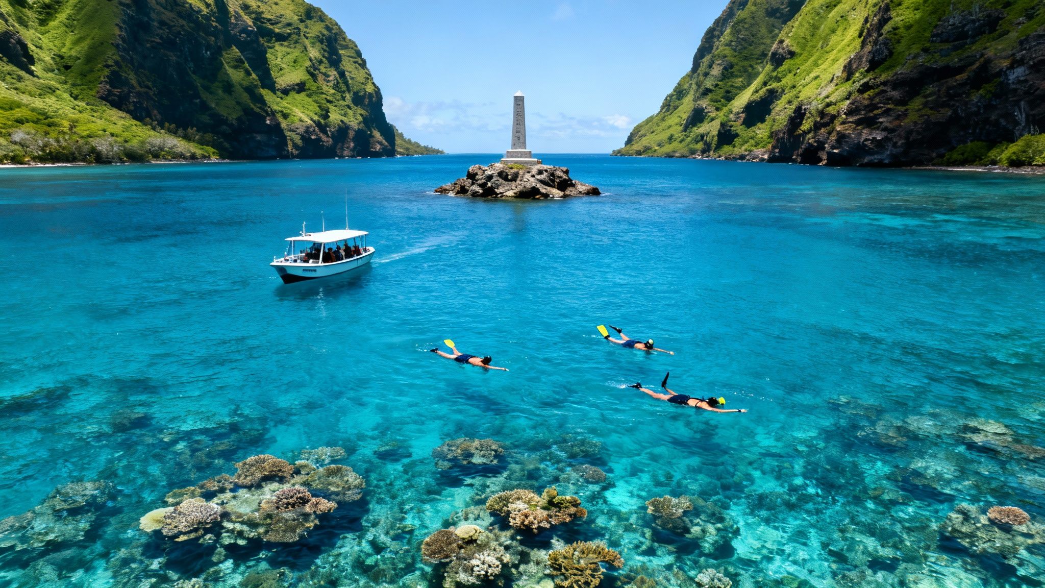 Snorkelers, a boat, and a monument in stunning blue tropical waters surrounded by green cliffs.