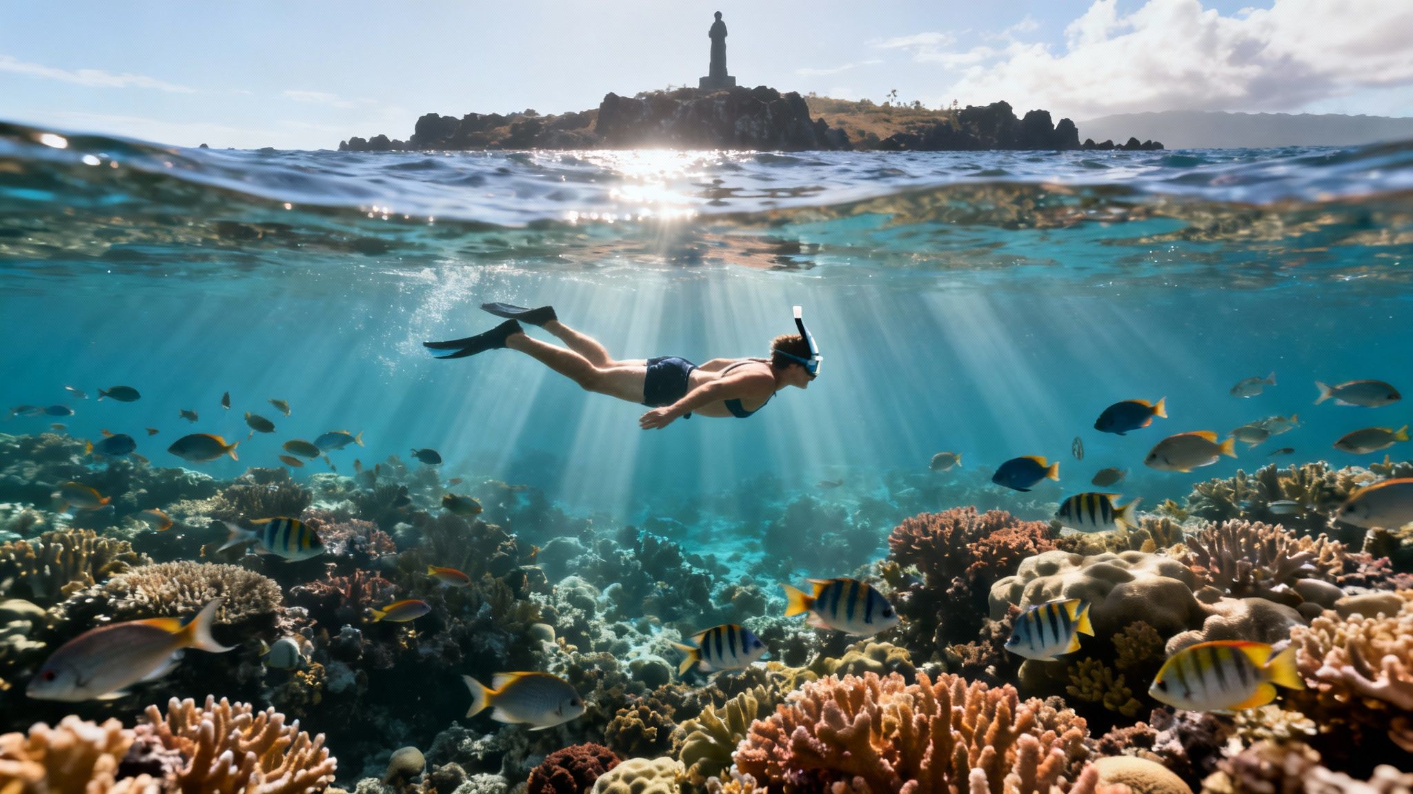 Person snorkeling over a vibrant coral reef with tropical fish, sun rays, and an island above water.