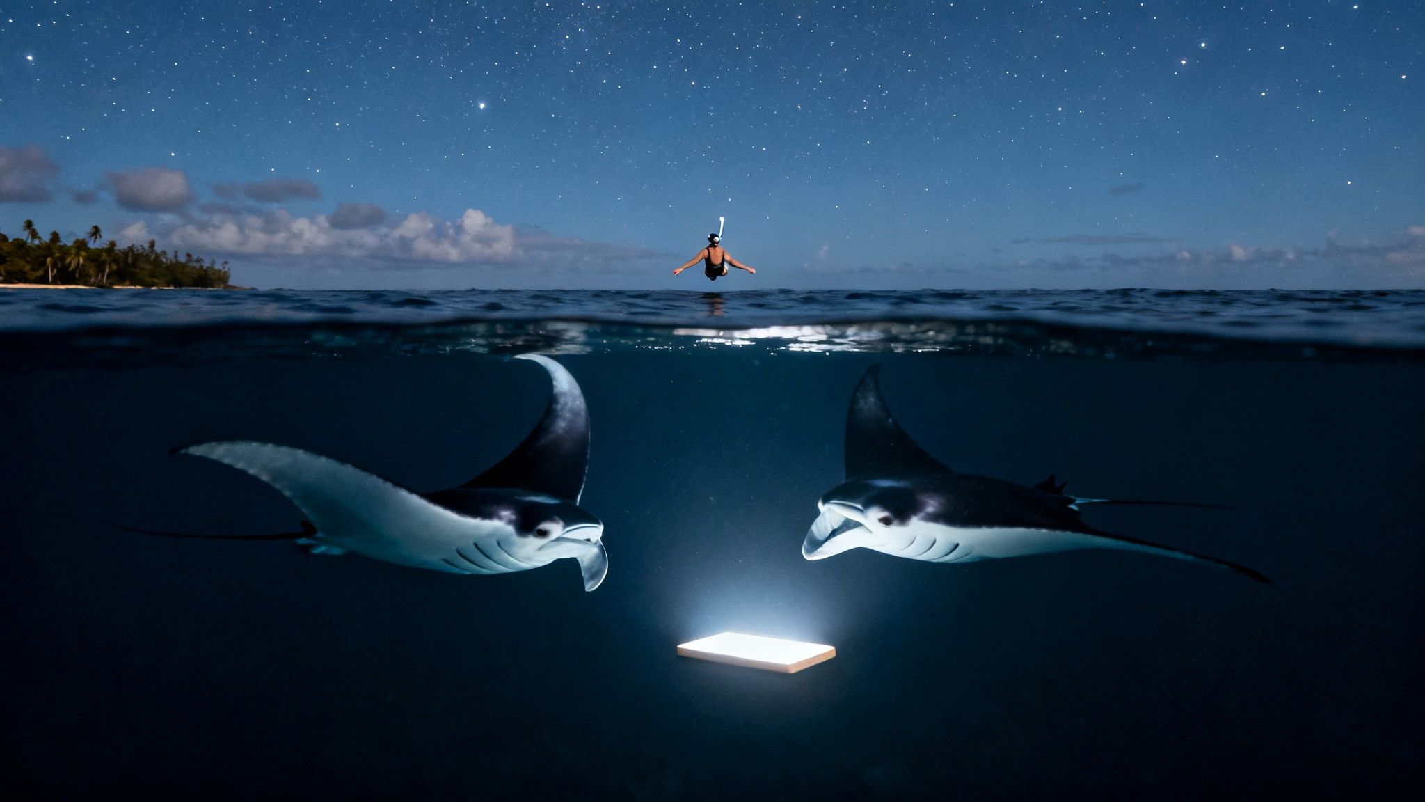 Two manta rays and a diver under a starry night sky, illuminated by a glowing smartphone.