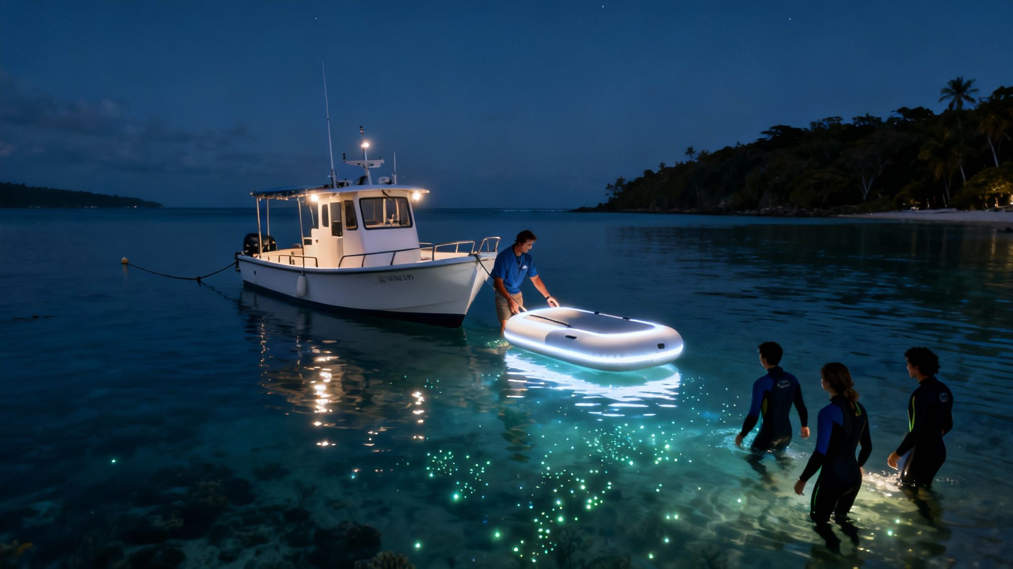 People prepare for a night snorkel with a glowing board in bioluminescent ocean water.