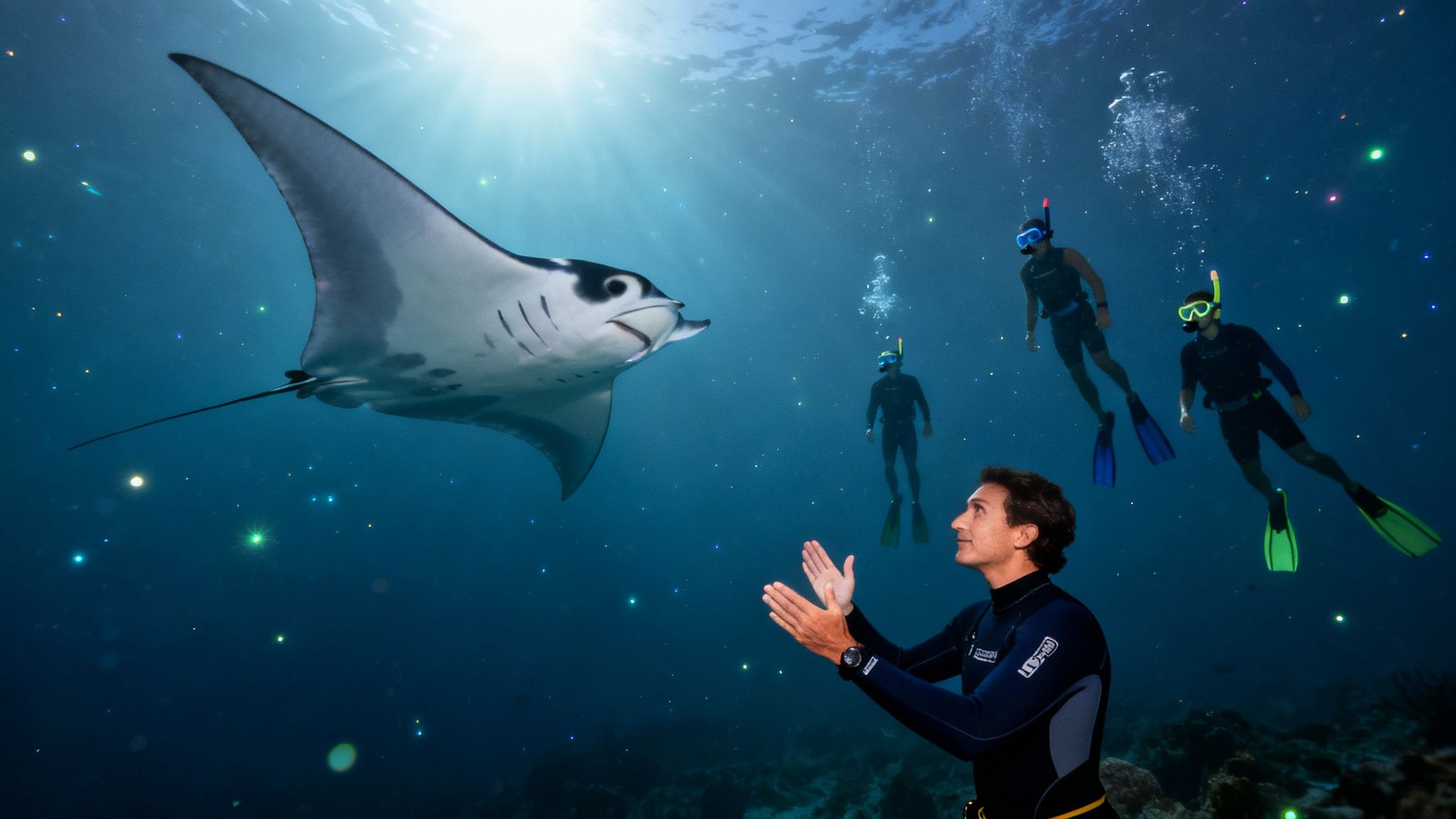 An ecstatic man in a wetsuit reaches out to a huge manta ray during a glowing night snorkel.