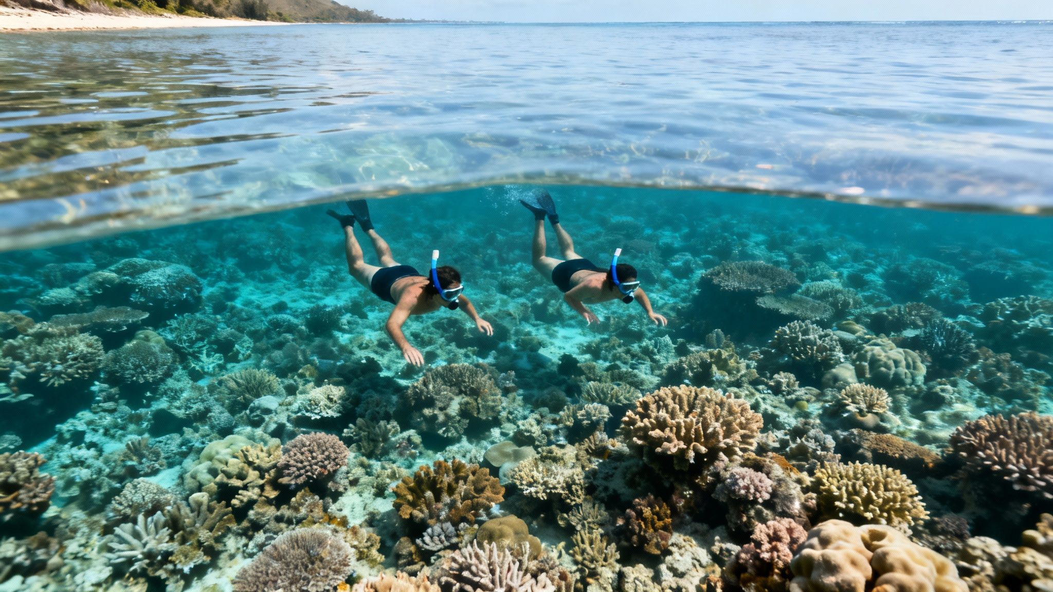 Two men snorkeling over a vibrant coral reef in clear turquoise water, with a tropical beach visible above the surface.
