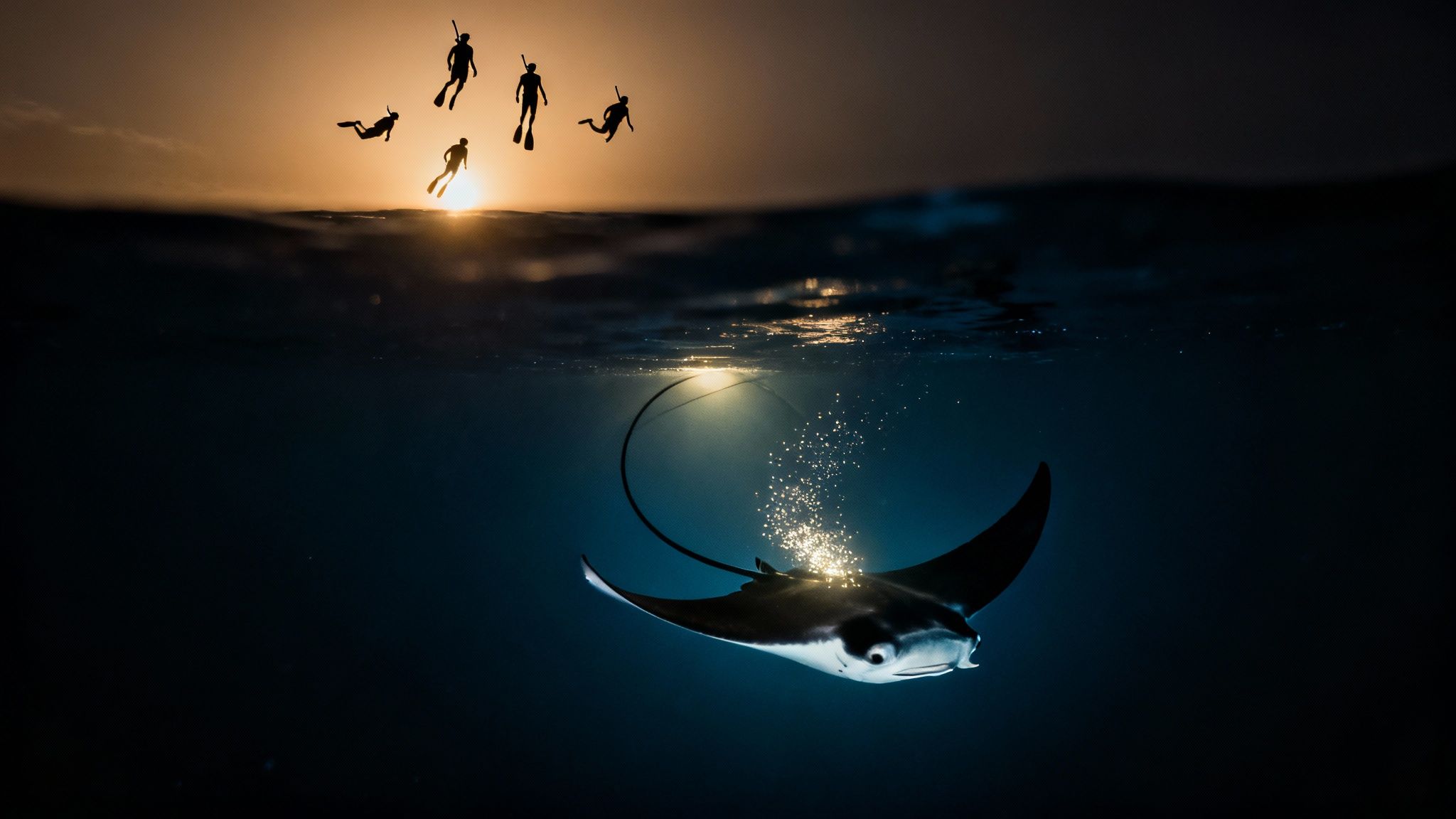 A majestic manta ray swims underwater, illuminated by sunlight, beneath silhouetted snorkelers at sunset.