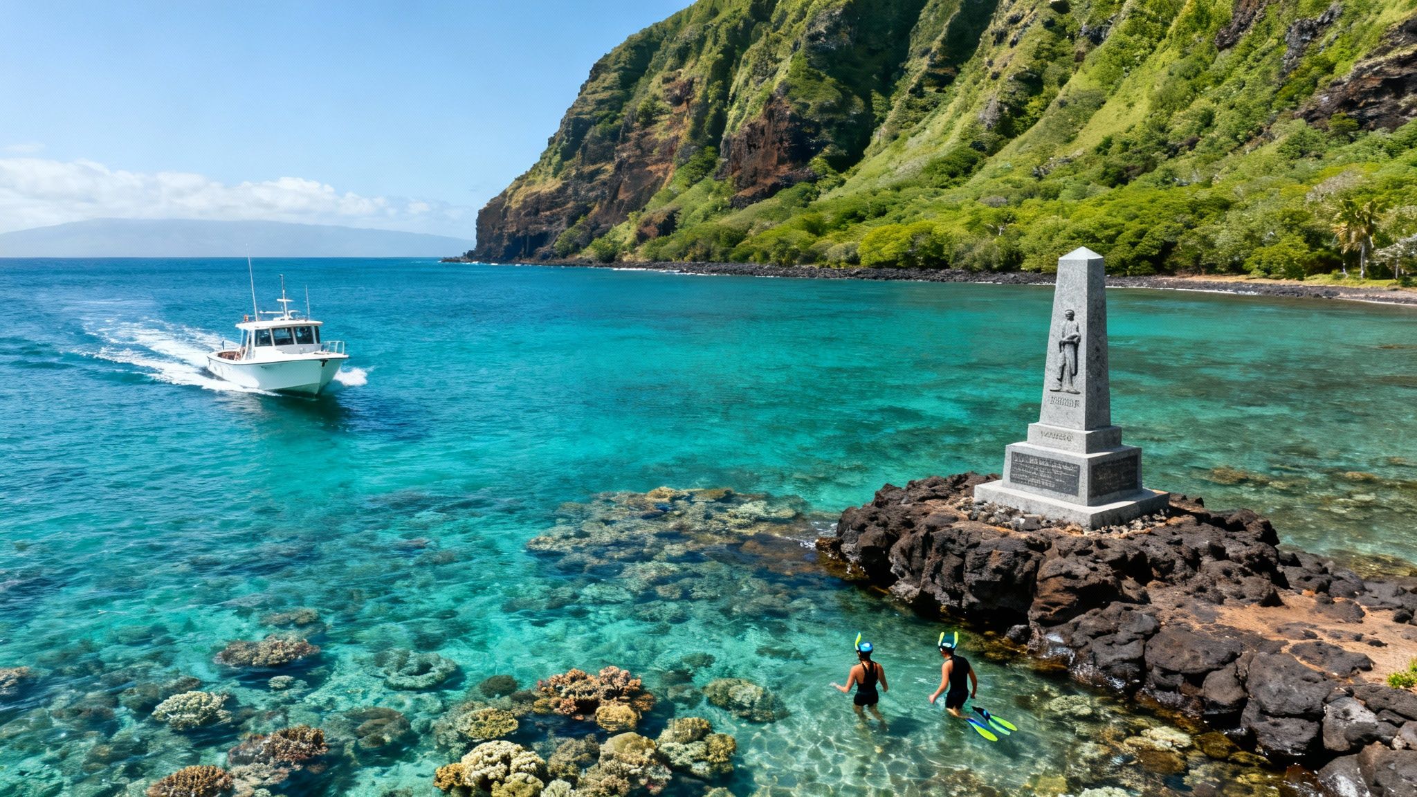 White boat on clear turquoise water with snorkelers, a monument, and lush green mountains.