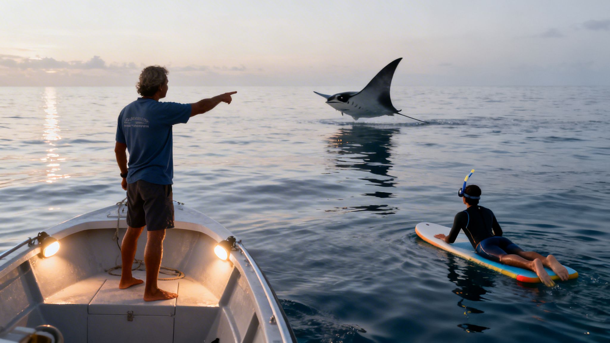 People observing a majestic manta ray leaping from the ocean surface at sunset.