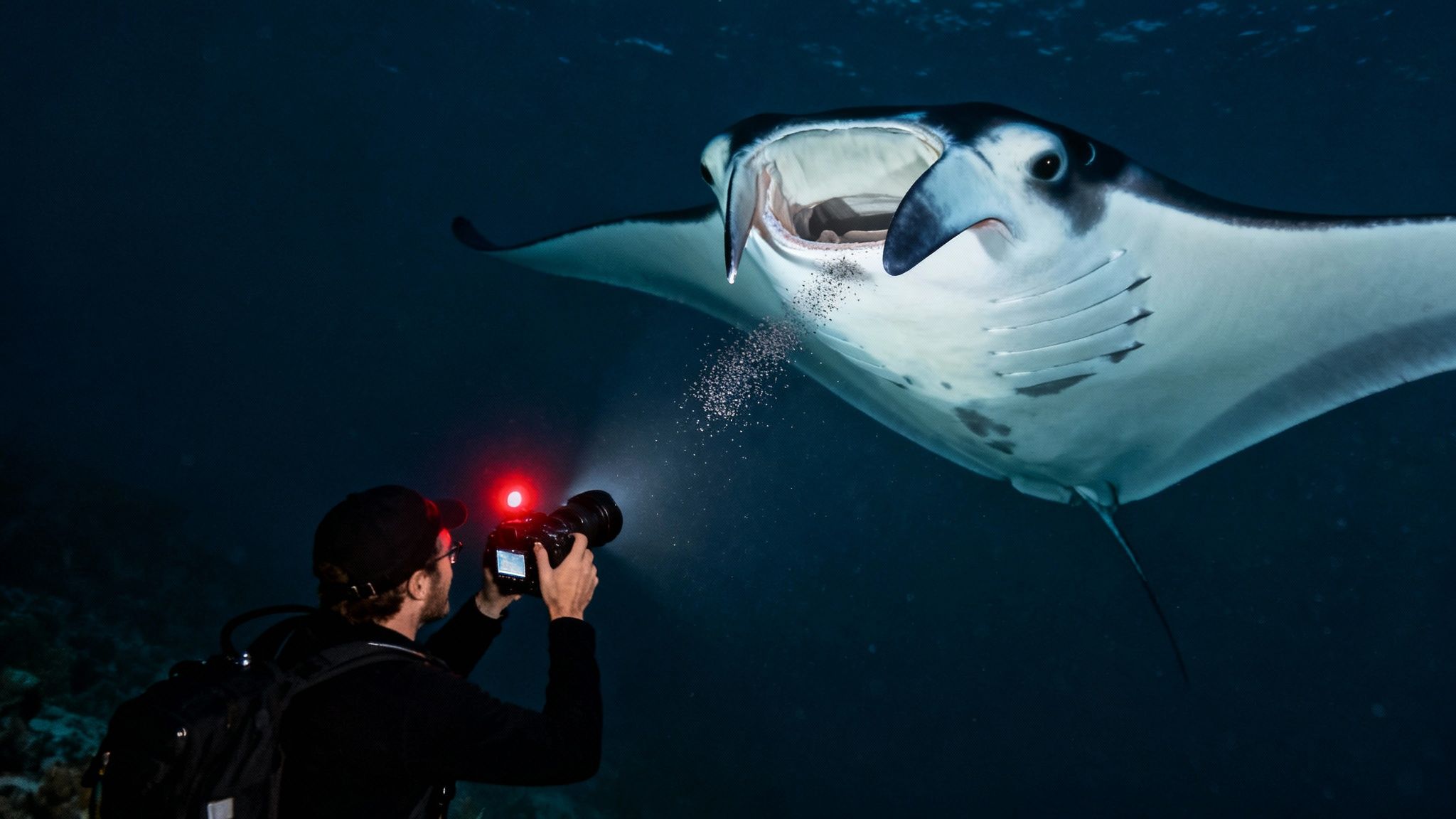 Underwater photographer captures a majestic manta ray feeding at night with a red light.