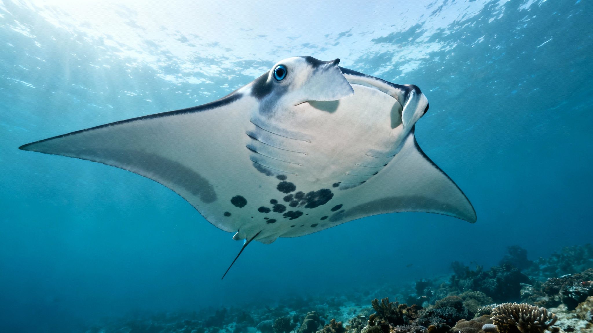 A majestic manta ray swims gracefully underwater, its white belly with dark spots visible against the blue ocean.