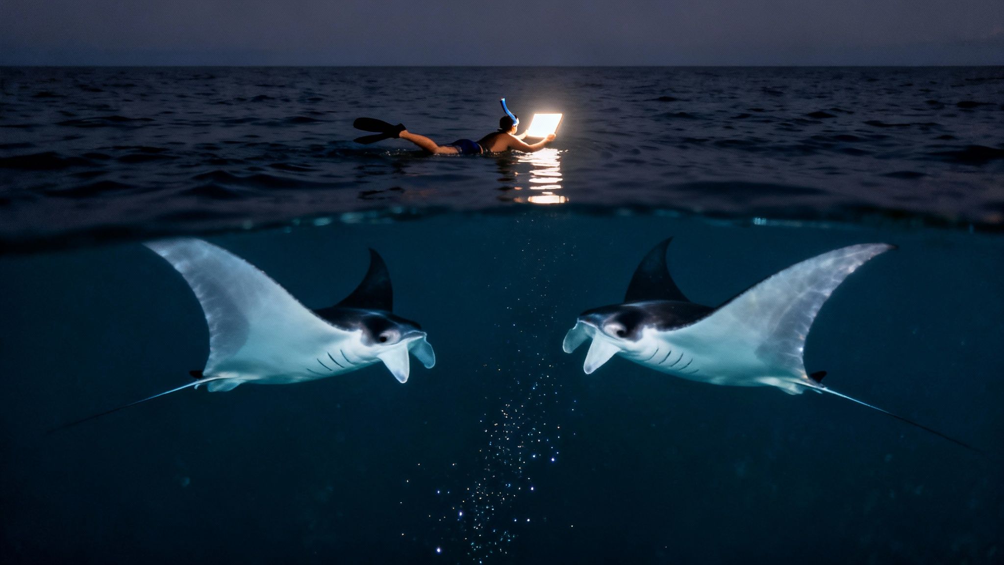 A split image shows a snorkeler with a bright light above water and two manta rays feeding below.