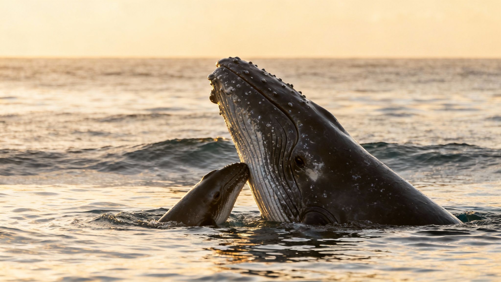 A mother humpback whale and her calf affectionately touch heads in the golden ocean at sunset.