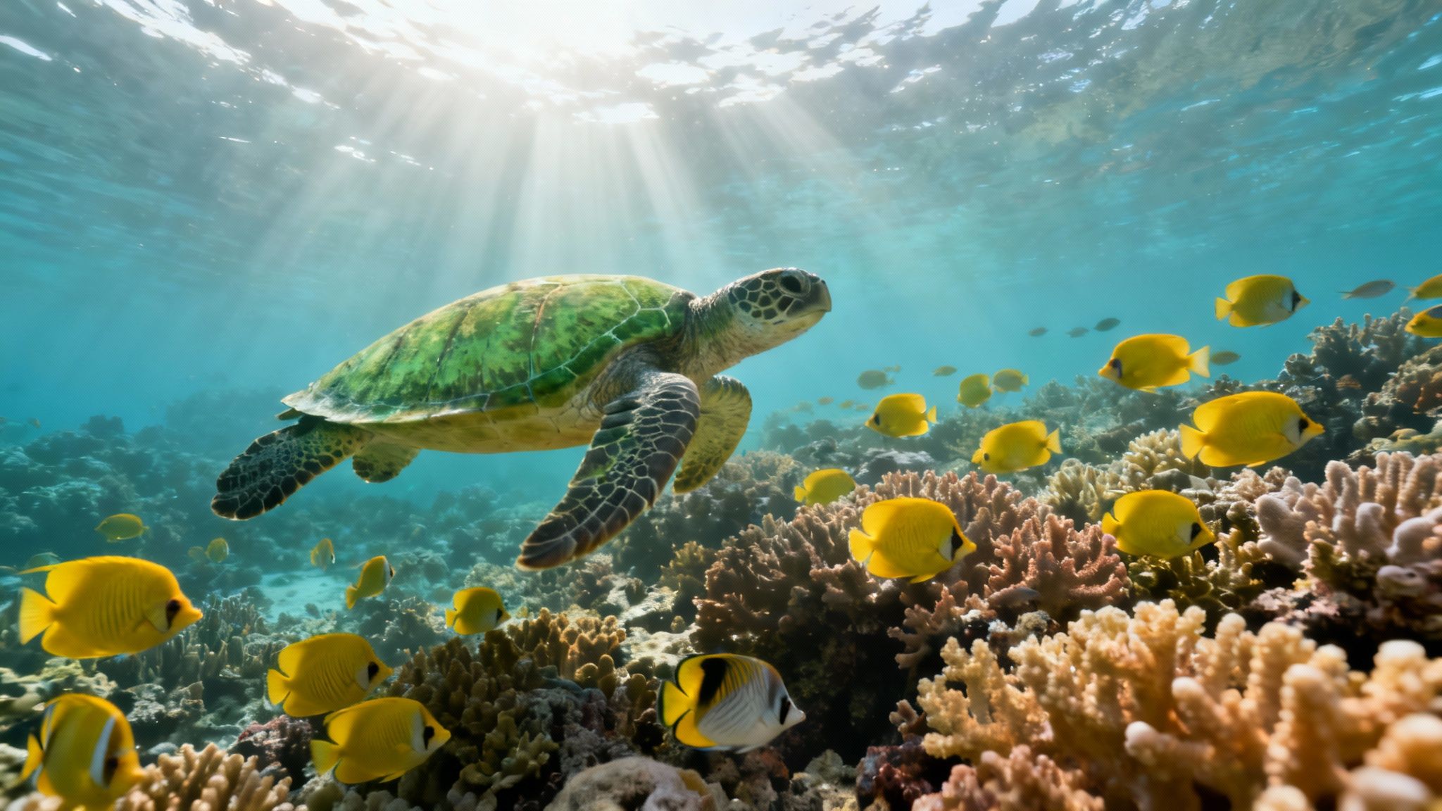 A majestic green sea turtle swims gracefully over a colorful coral reef, surrounded by yellow fish.