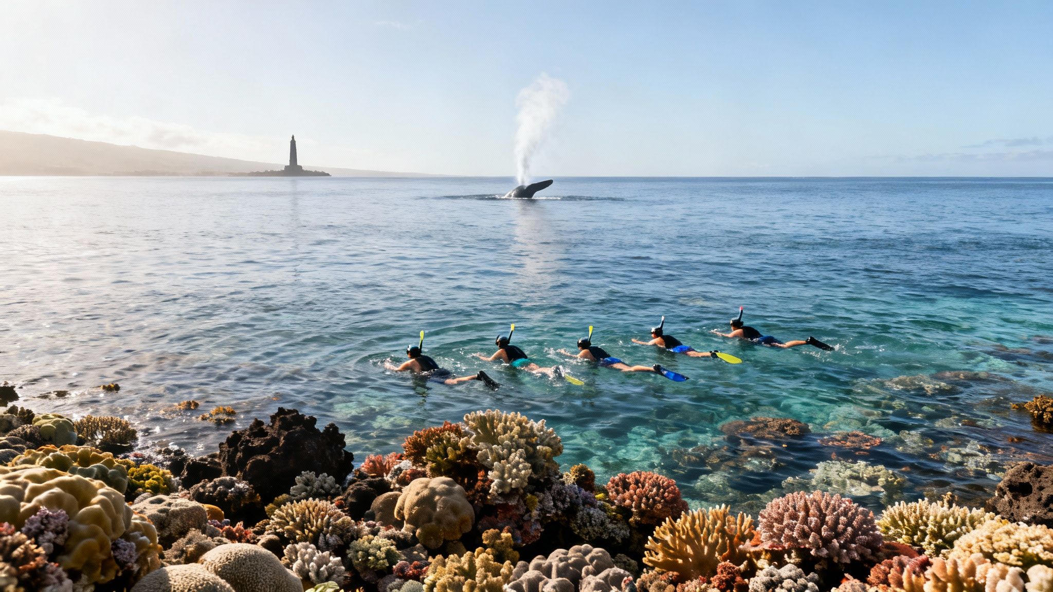 People snorkeling near a colorful coral reef with a whale breaching and a lighthouse in the background.