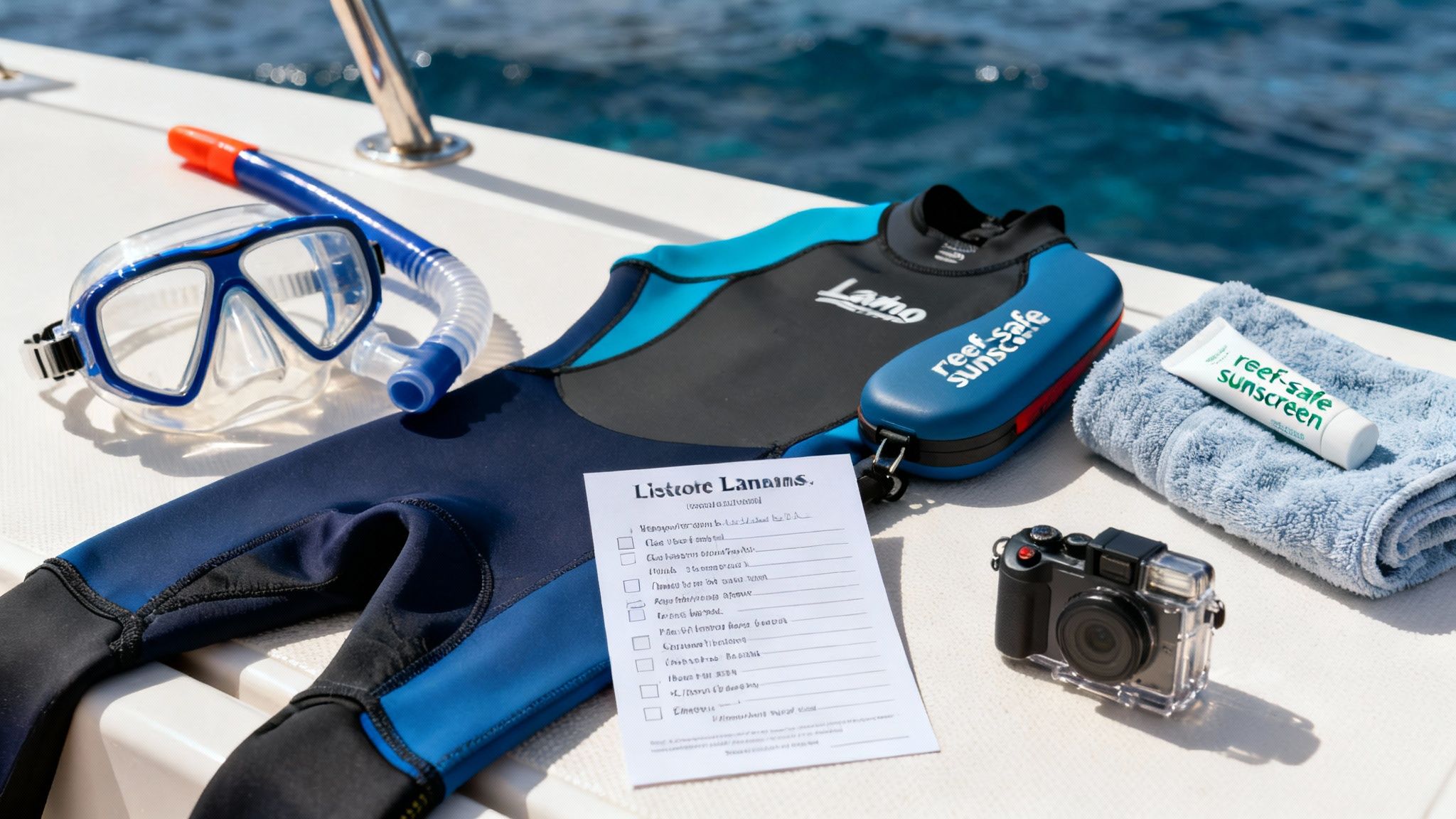 Snorkeling gear, reef-safe sunscreen, and waterproof camera on a boat deck, ready for ocean adventure.