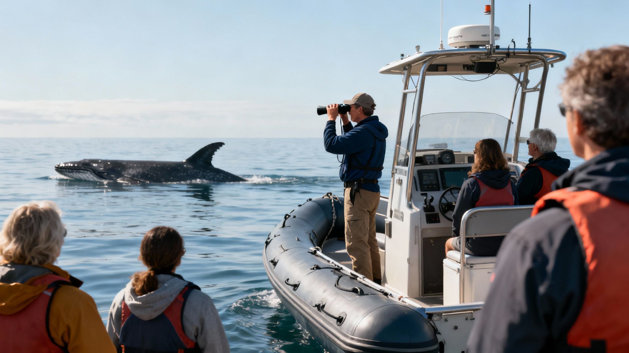 People on two boats observe a surfacing humpback whale in the ocean under a clear sky.
