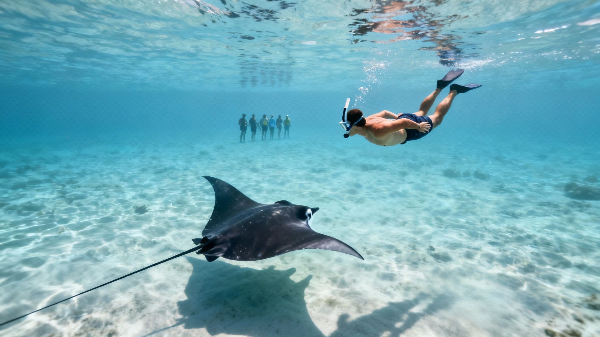 A snorkeler observes a majestic manta ray swimming gracefully over a sandy seabed in clear blue water.