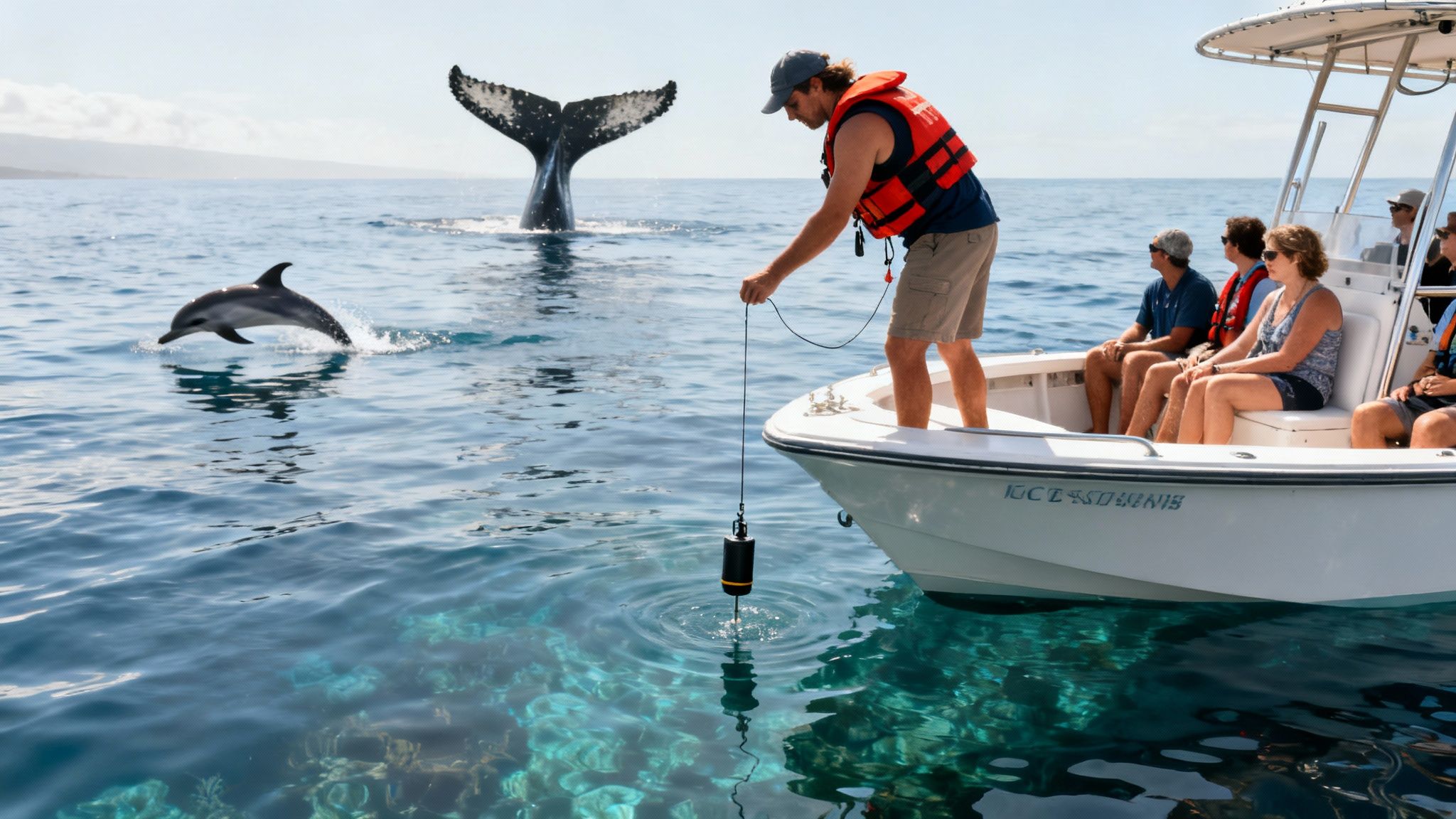 People on a boat observe a breaching whale and a jumping dolphin in clear ocean water.