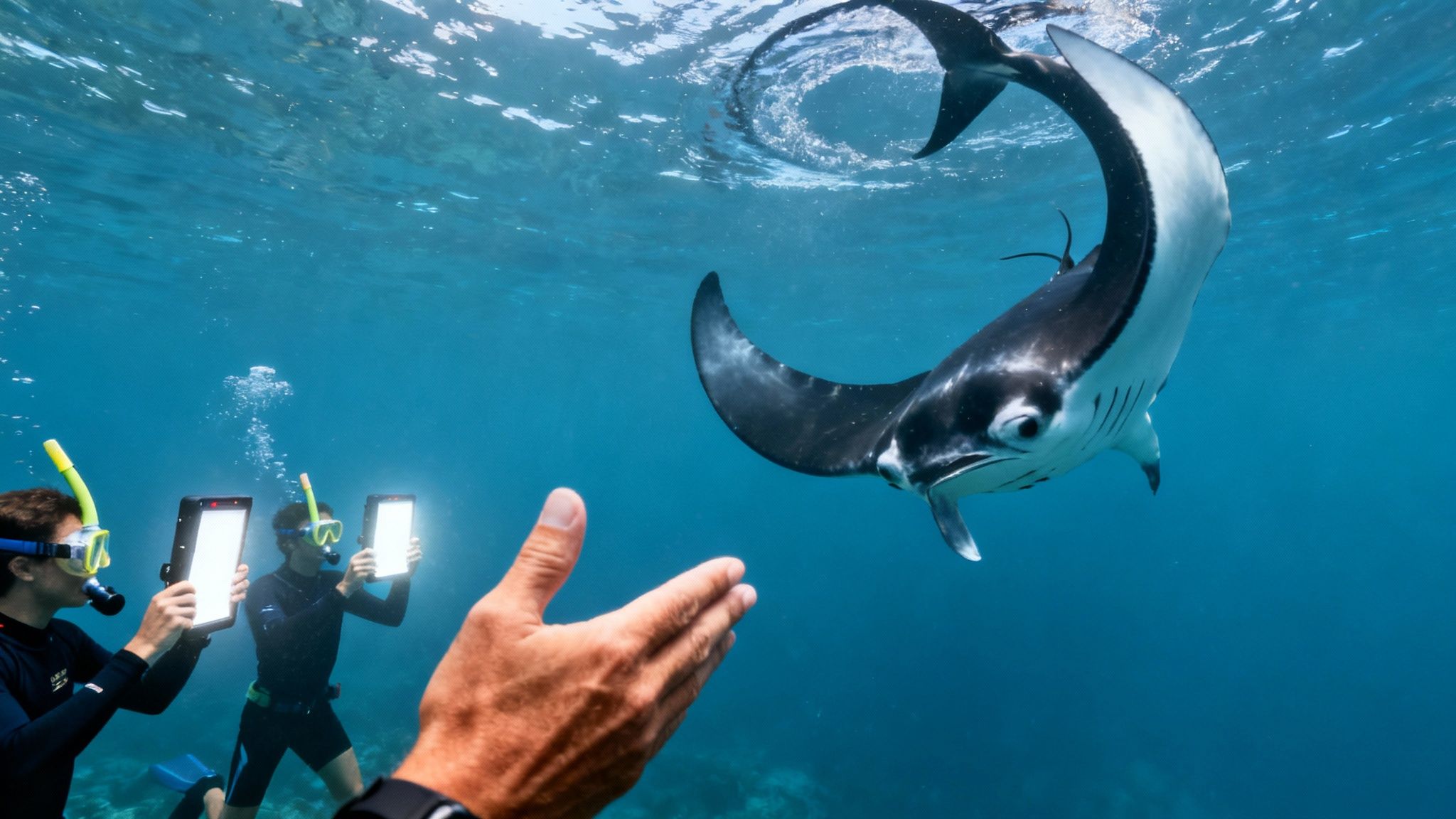 Underwater view of snorkelers watching a graceful manta ray in clear blue ocean water.