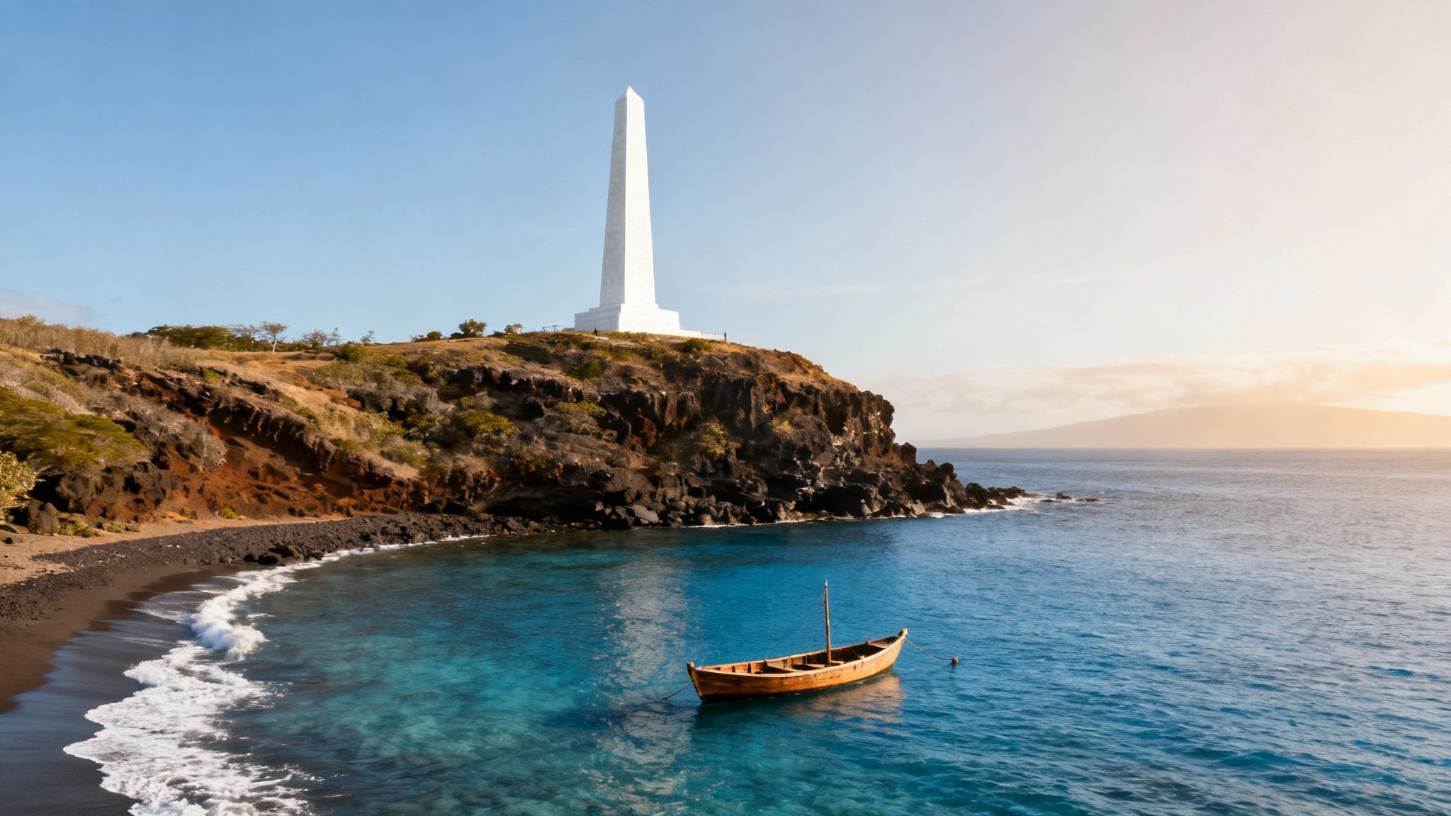 A view of the Captain Cook Monument, a white obelisk, from across the clear blue waters of Kealakekua Bay.