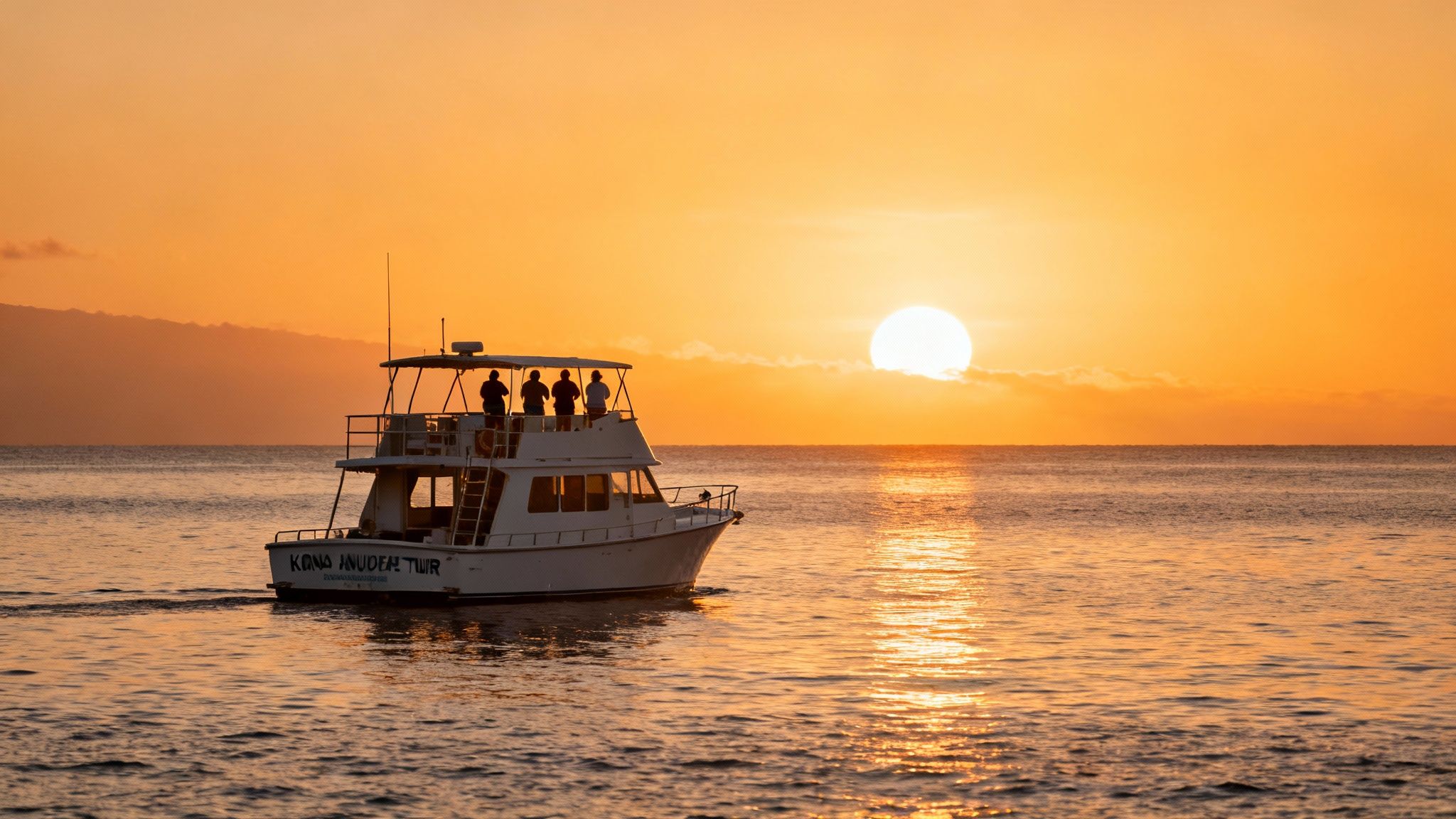 A white boat with passengers on deck sails on the ocean during a vibrant orange sunset.