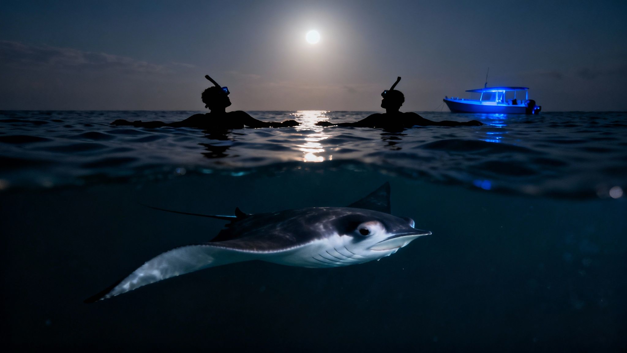 A split image shows snorkelers under a full moon, and a manta ray swimming below at night.