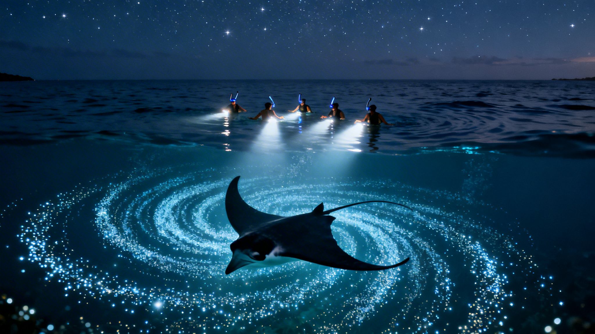 Snorkelers illuminate a majestic manta ray swimming through glowing bioluminescence under a starry night sky.